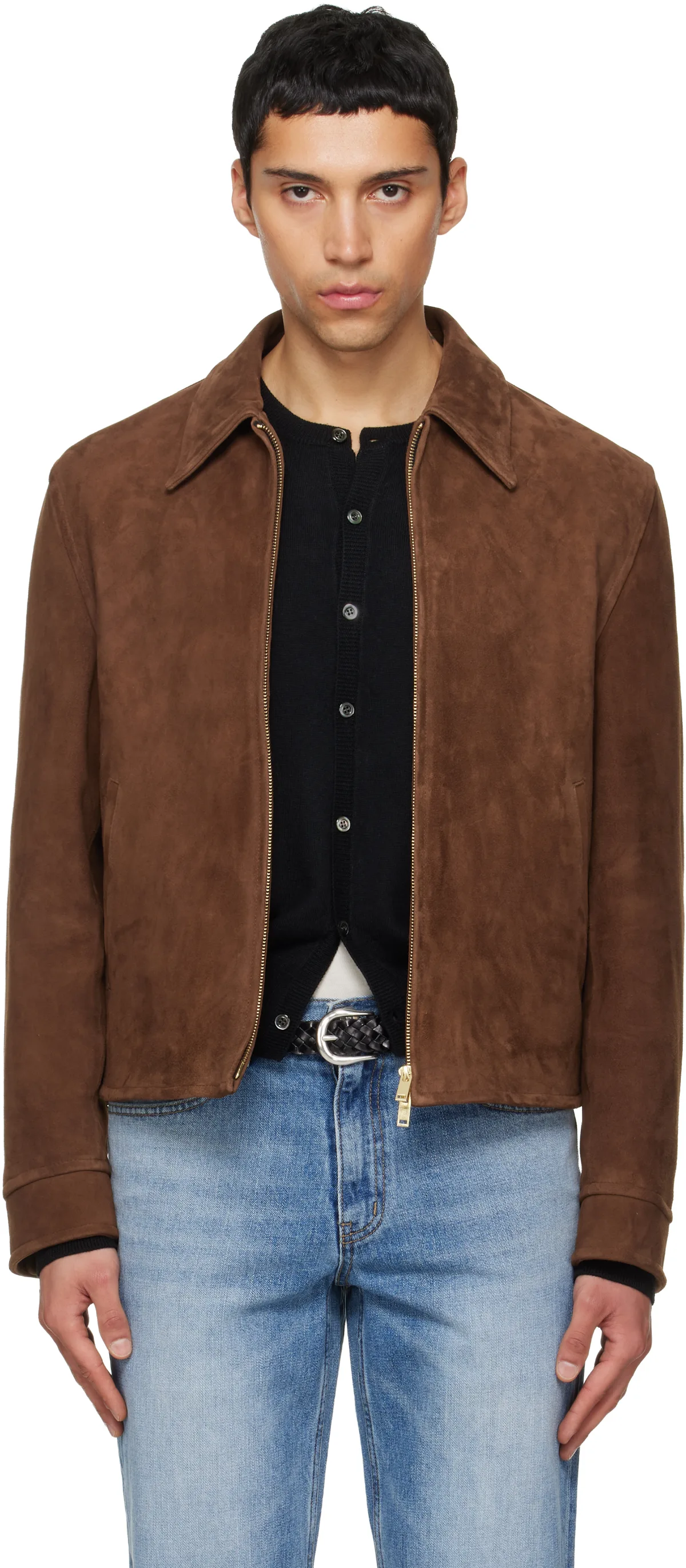 Brown Buckle Zip Goat Suede Jacket by TONYWACK