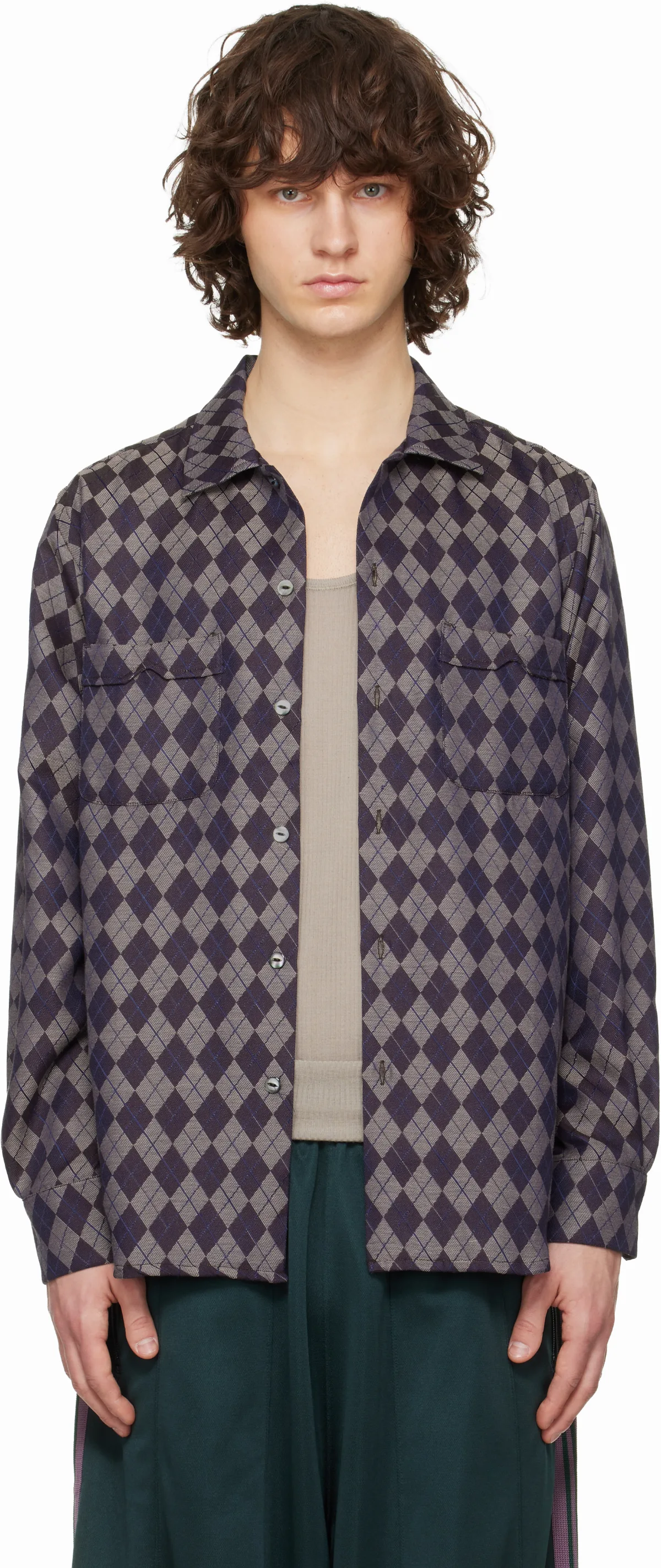 Gray & Burgundy Open Collar Shirt