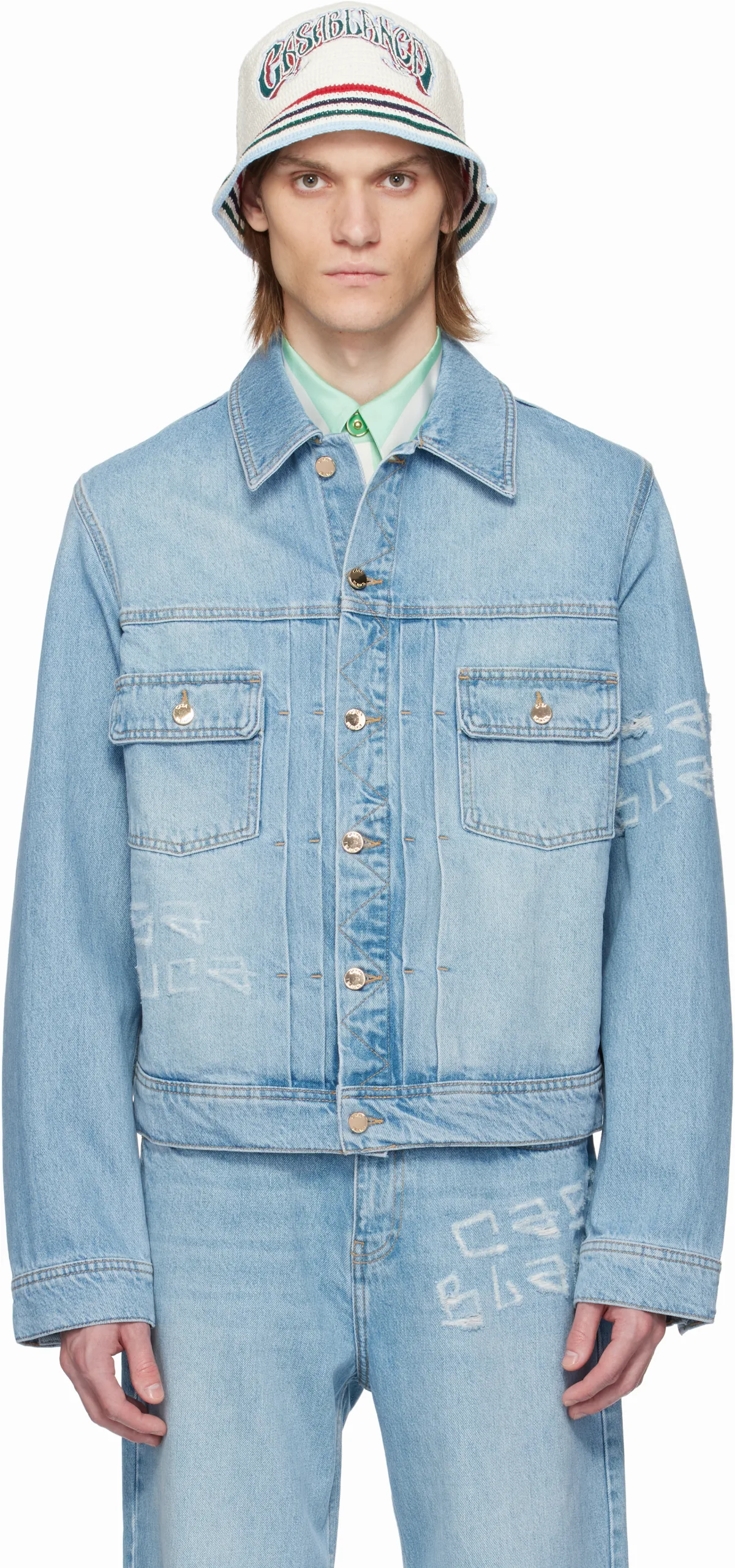 Blue Graffiti Distressed Denim Jacket by Casablanca