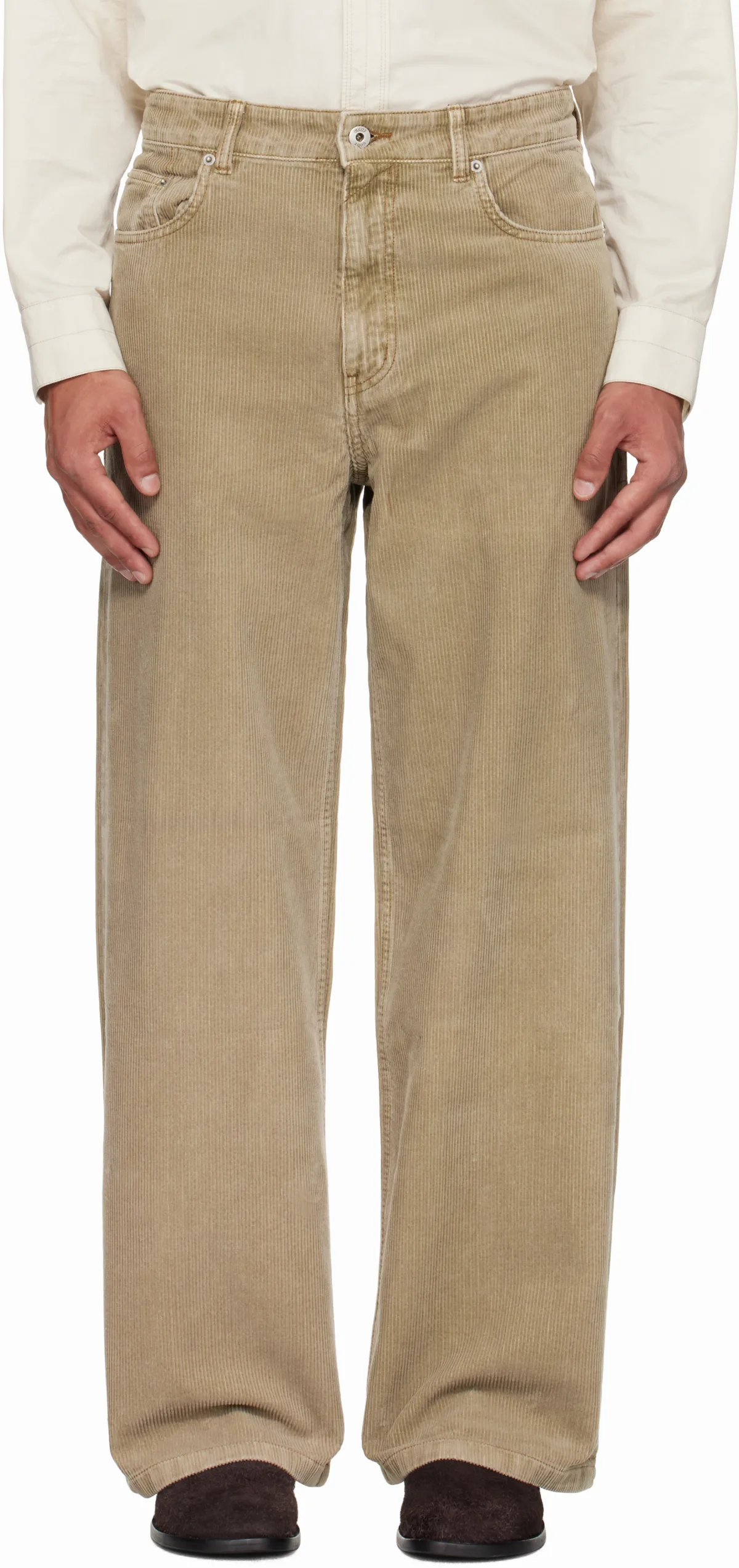 Beige Corduroy Washed Semi Wide Trousers