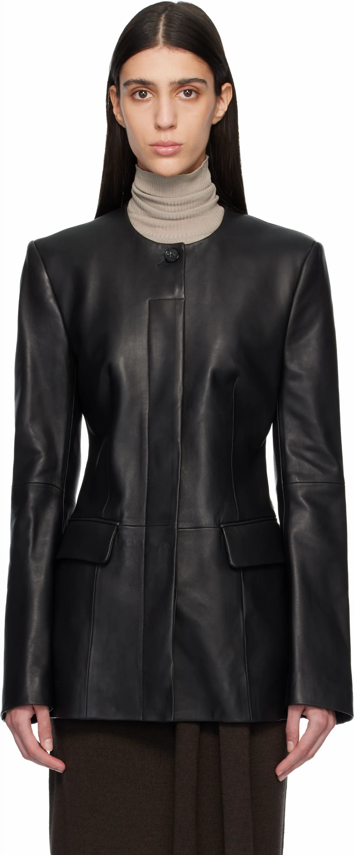 Black Collarless Leather Jacket