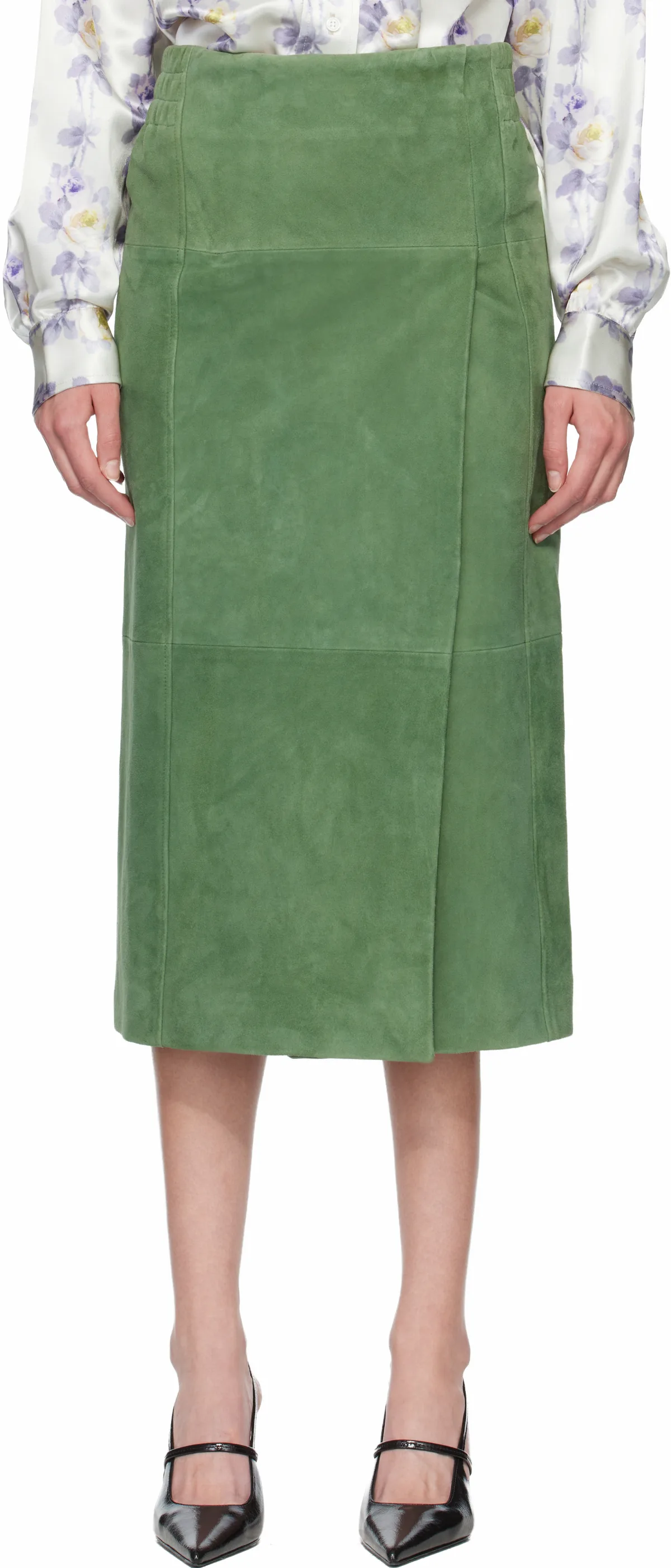 Green Suede Long Wrap Midi Skirt