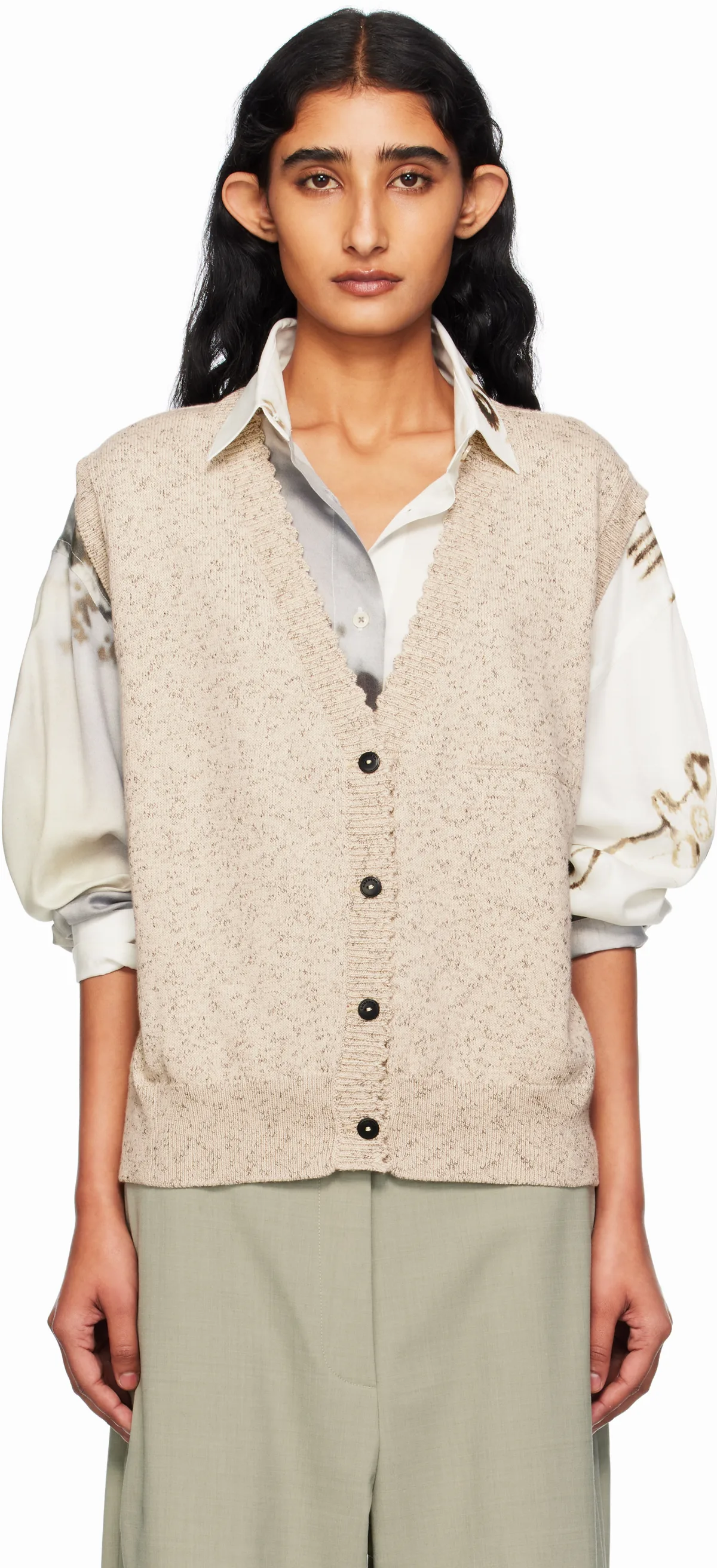 Beige Flecked Cotton Waistcoat Cardigan