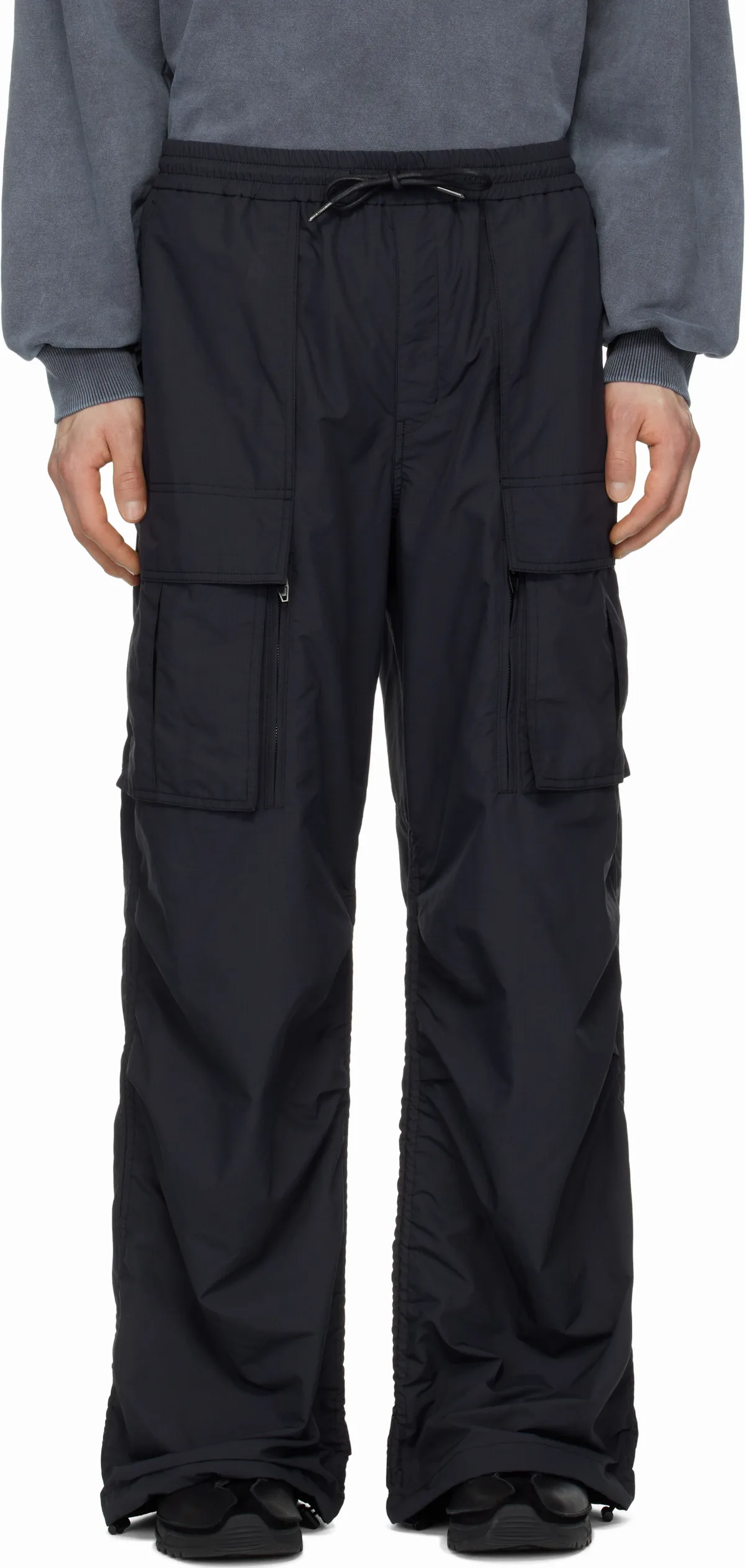 Black Ripstop Poly Puckering Cargo Pants