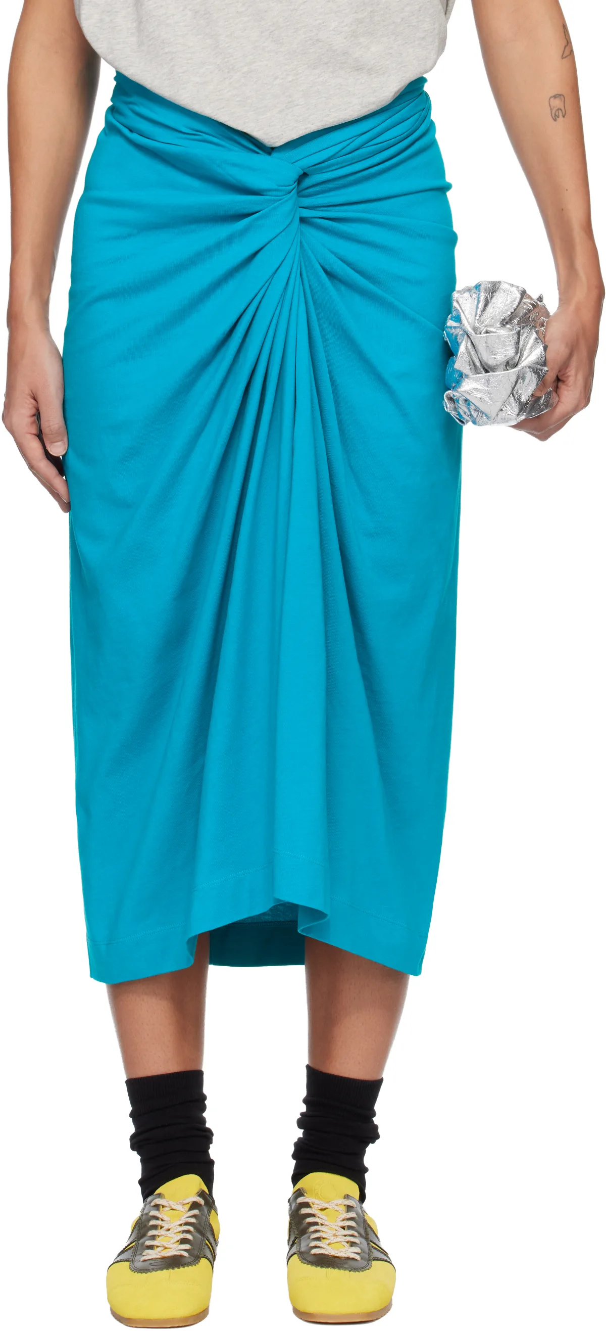 Blue Knotted Jersey Midi Skirt