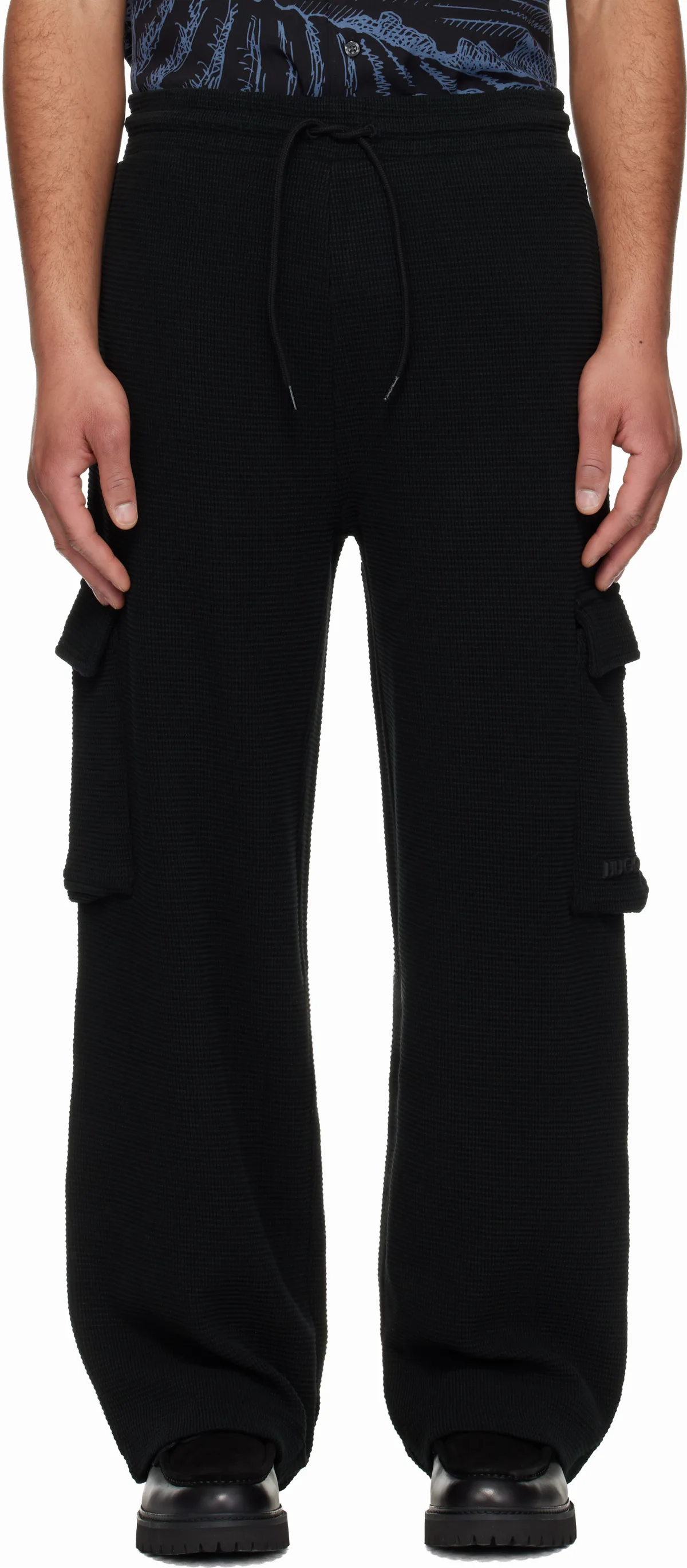 Black Waffle-Structured Cotton Cargo Pants