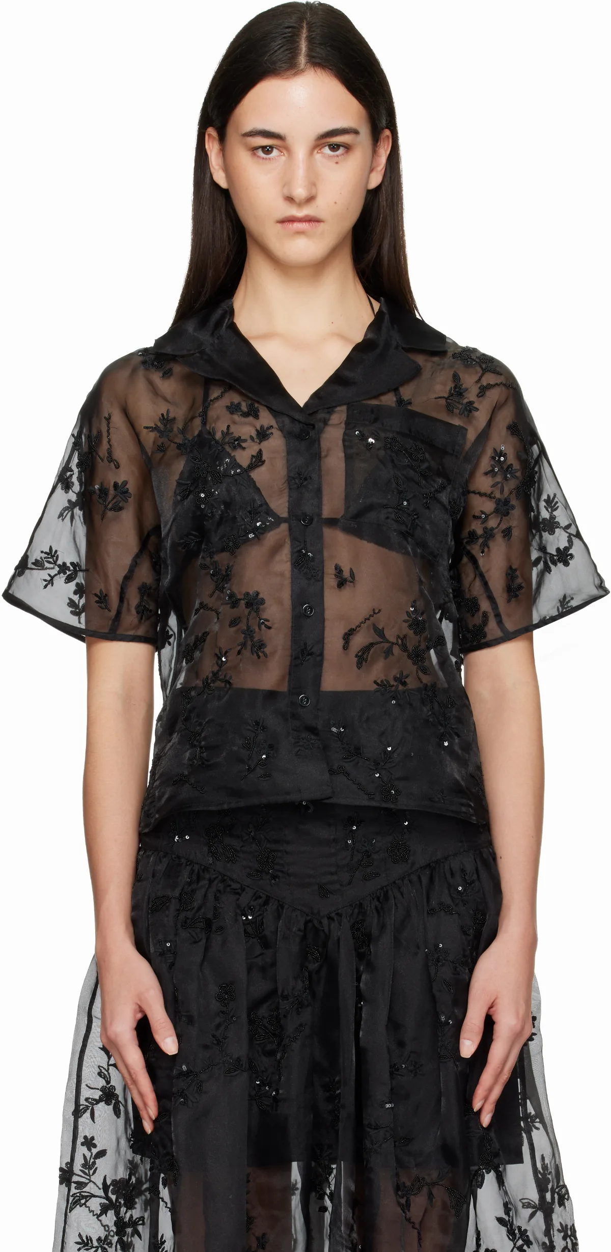 Black Embellished Organza Shirt