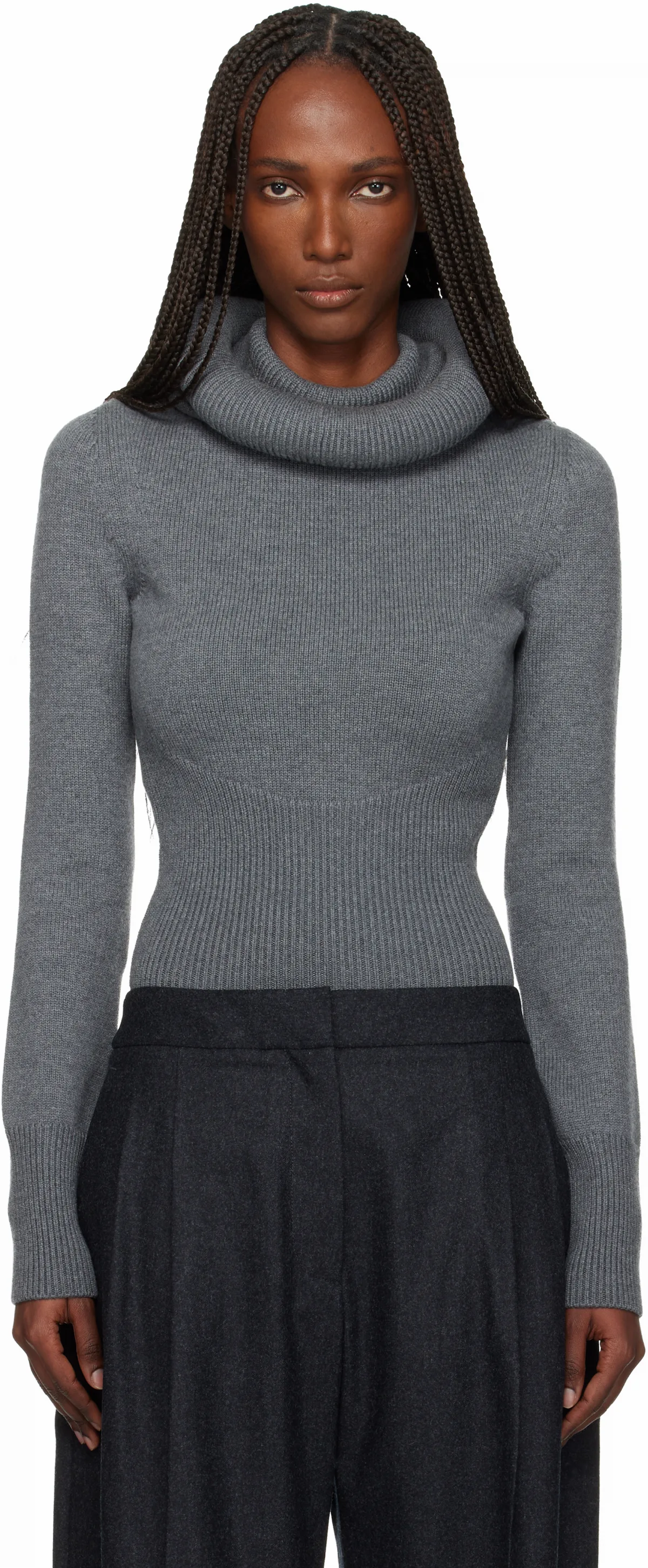 Gray Sculptural Hood Ribbed Knit Turtleneck