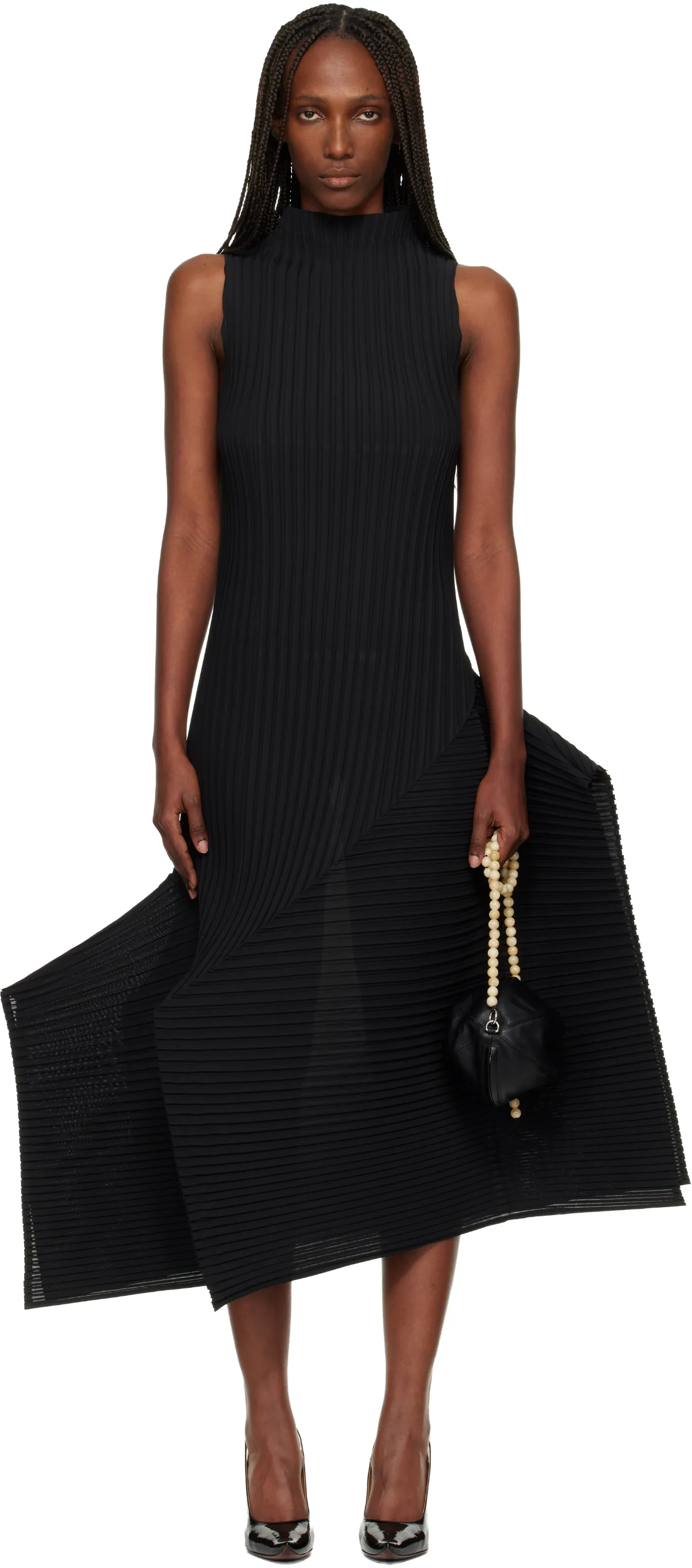 Black Fold Pleats Midi Dress