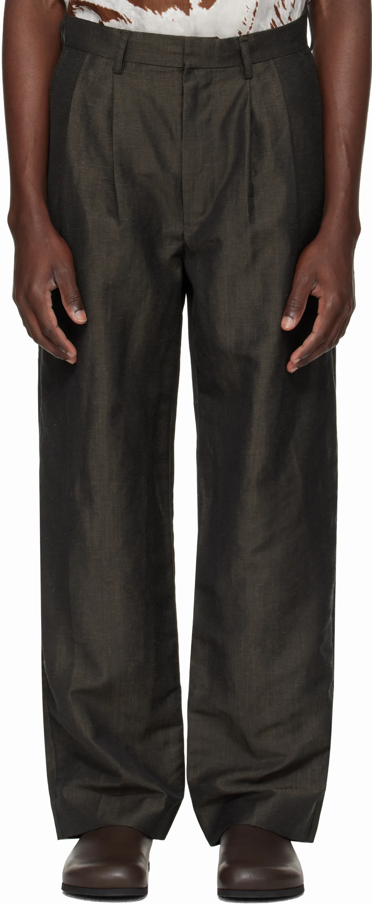 Brown Wool Linen Tailored Trousers