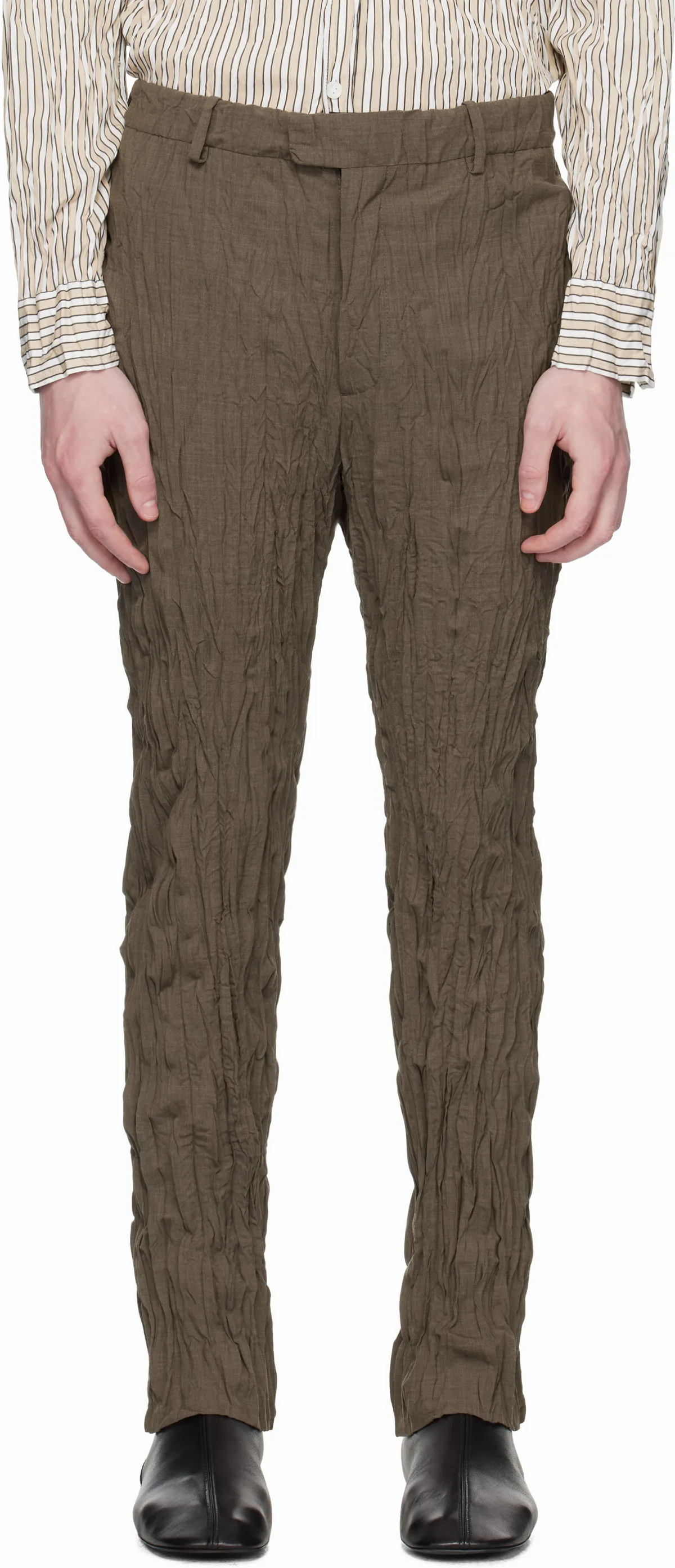 Brown Crushed Wool Slim Trousers