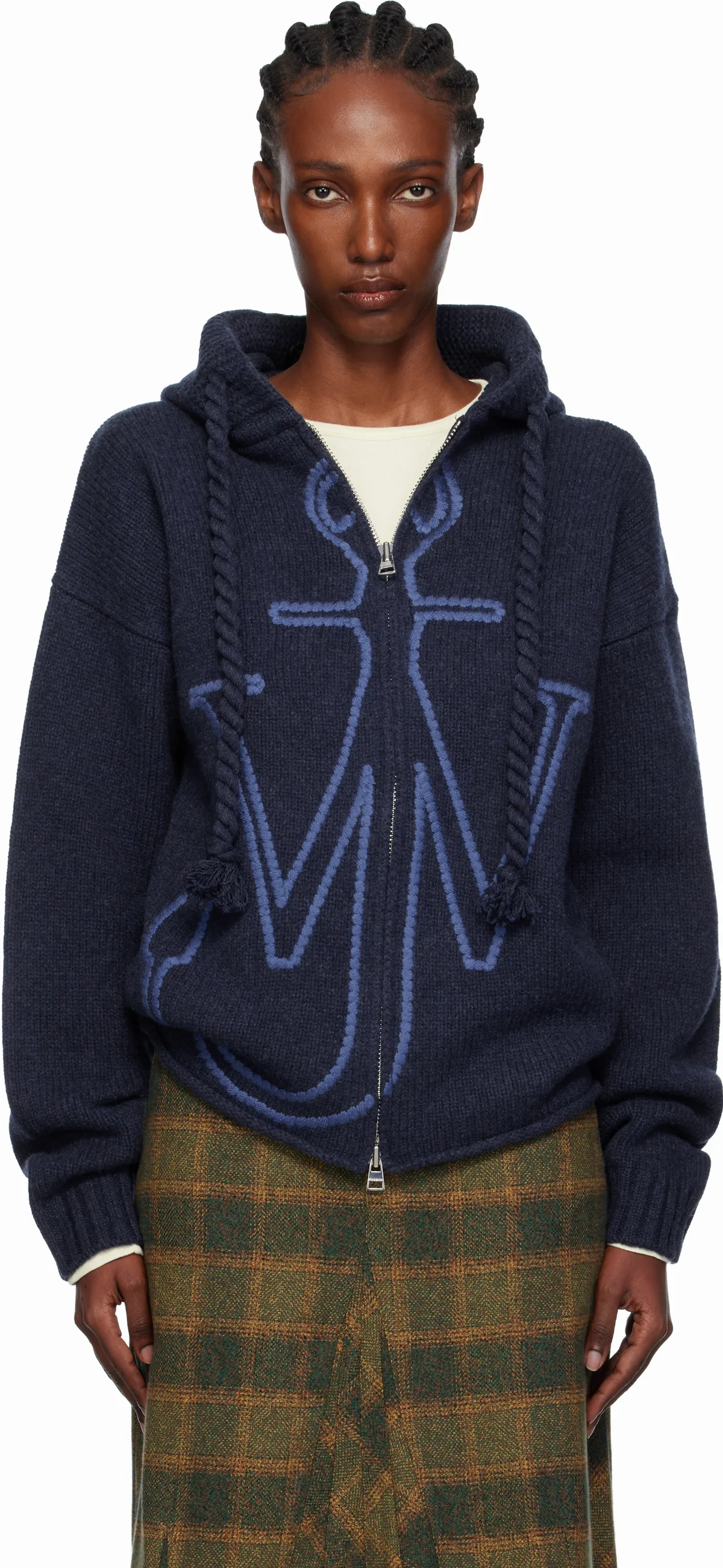 Navy Anchor Embroidery Zipped Hoodie