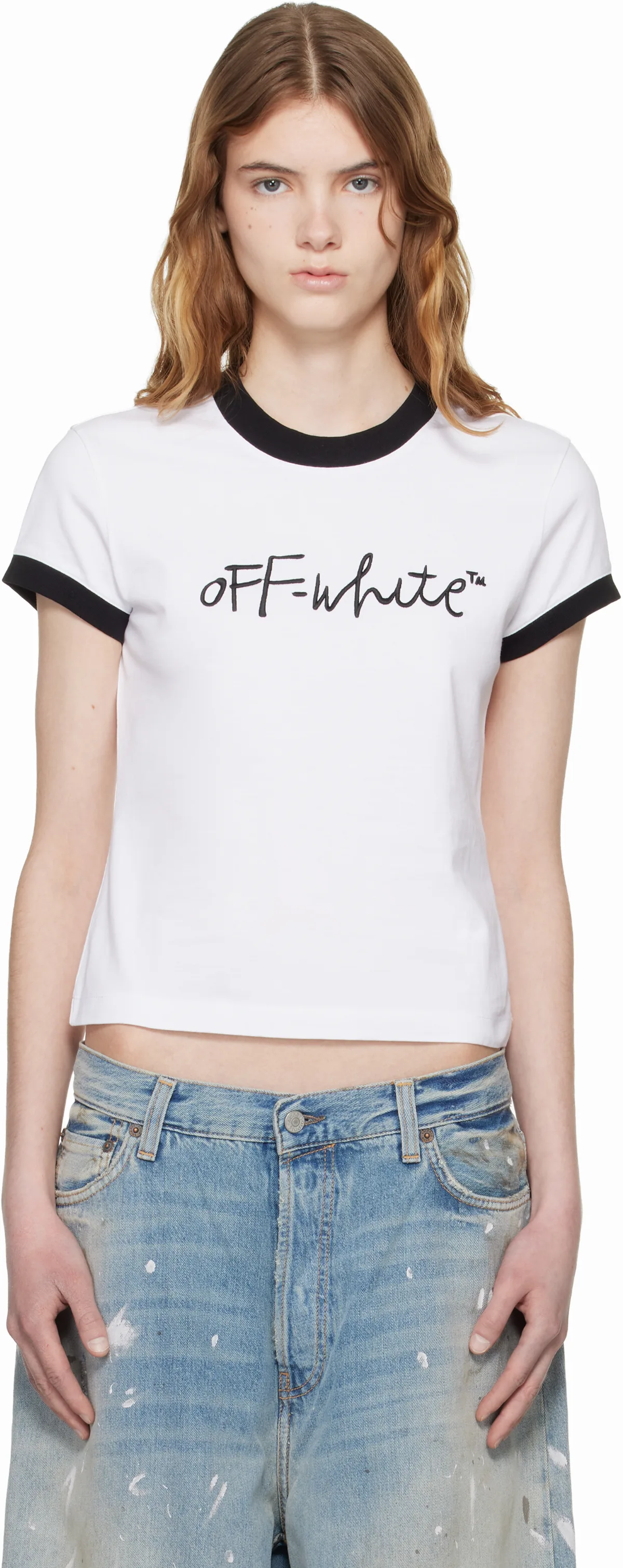 White Embroidered Script Fitted T-shirt