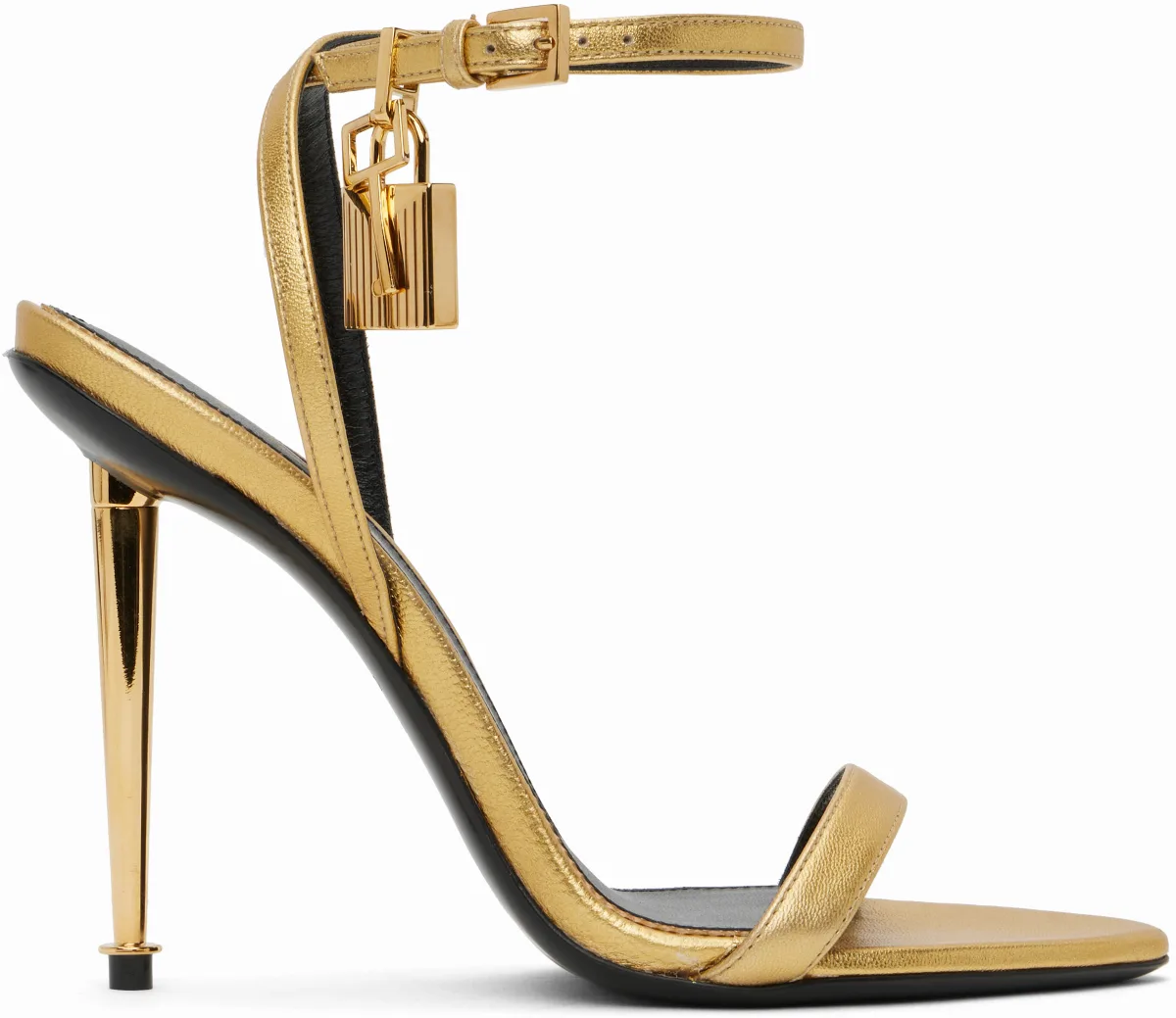 Gold Padlock Pointy Naked Heeled Sandals