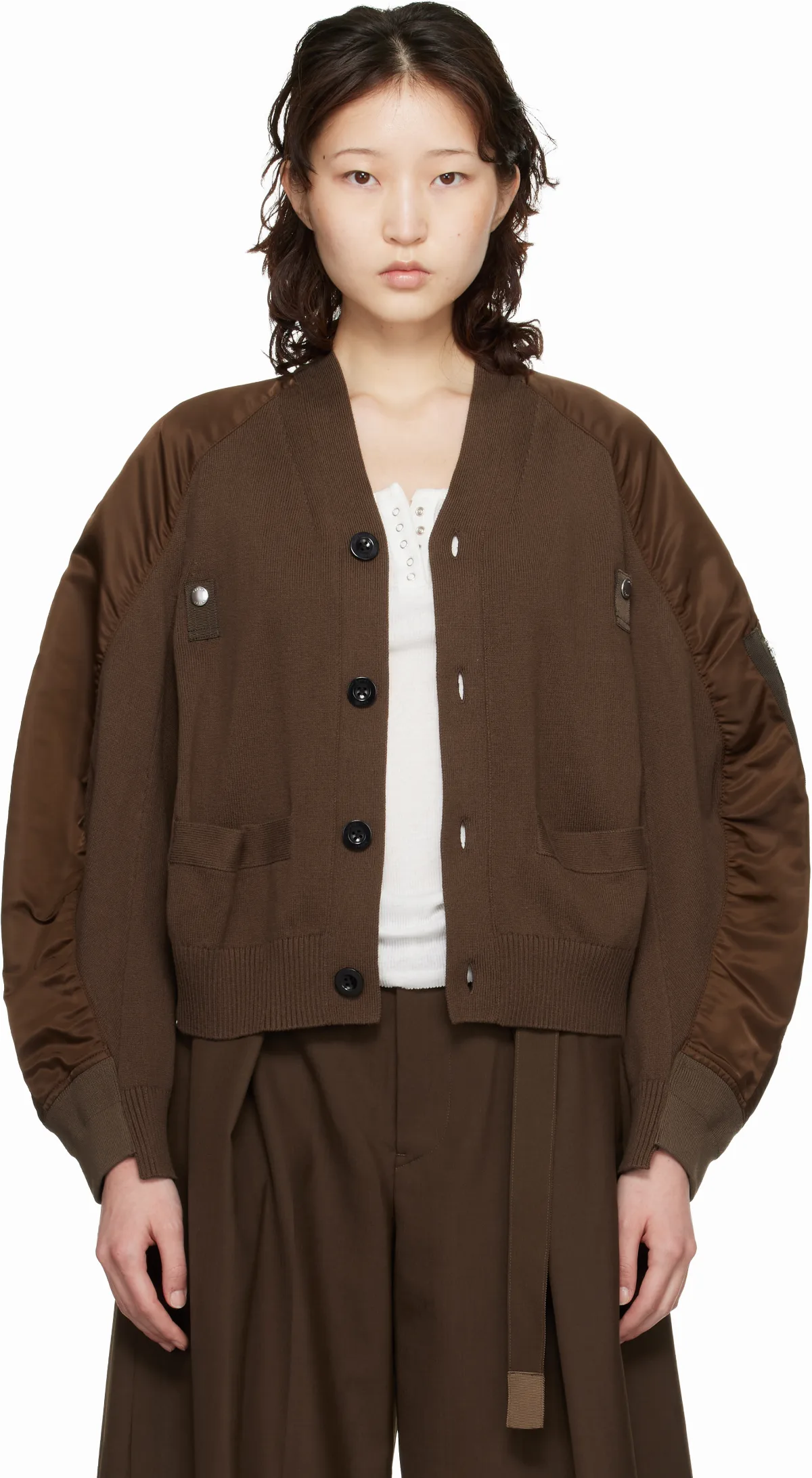 Brown Nylon Twill & Knit Cardigan