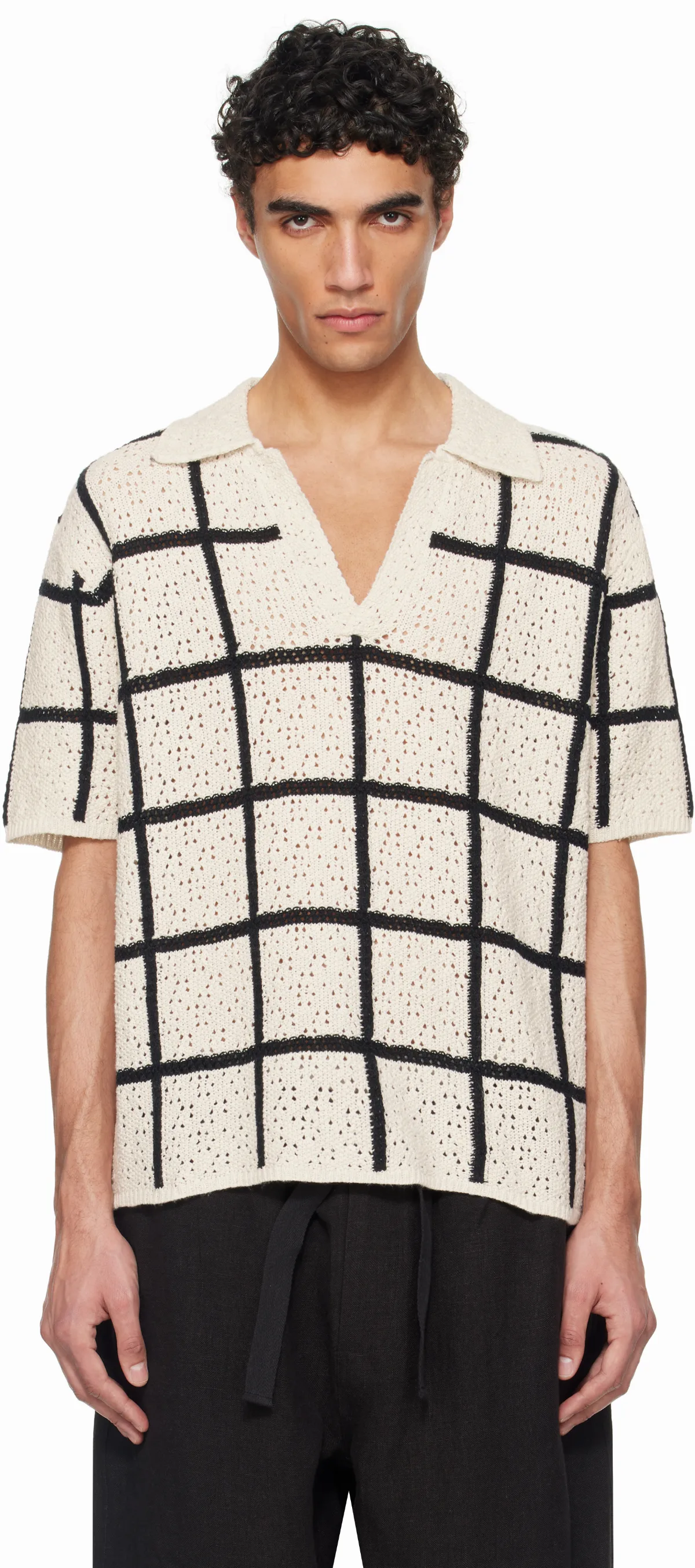 Off-White & Black Crochet Check Open Placket Polo