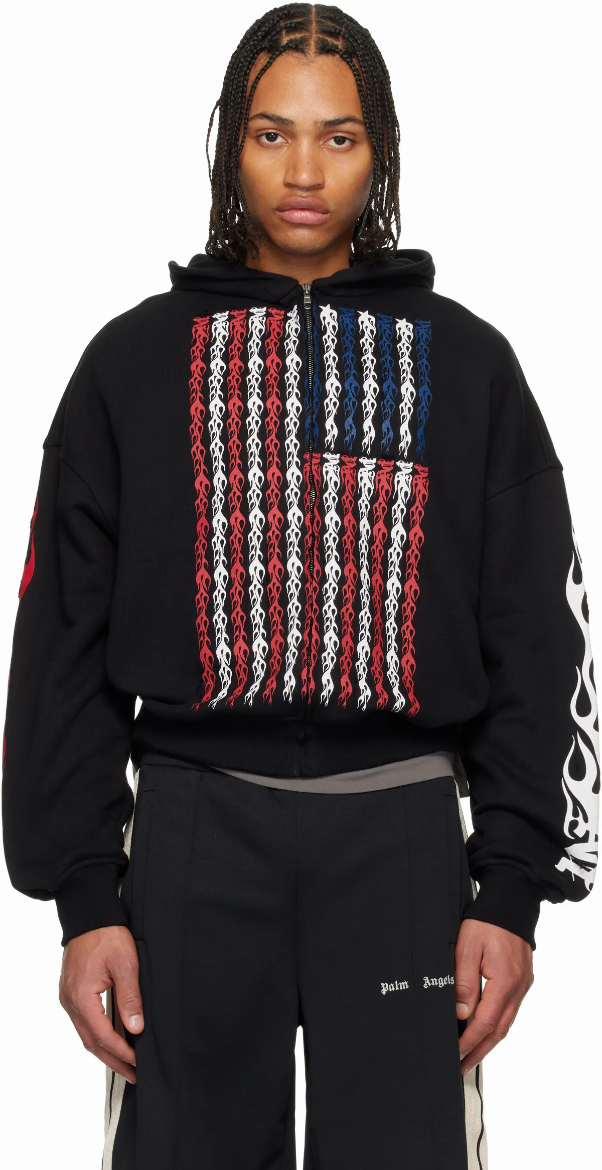 Black Flames Flag Zip Hoodie by Palm Angels
