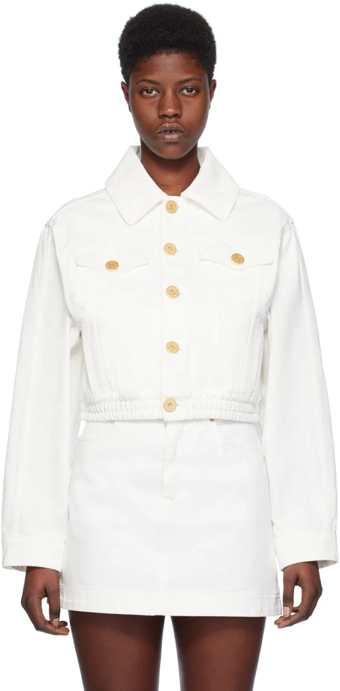 White Cropped Denim Jacket by BALMAIN