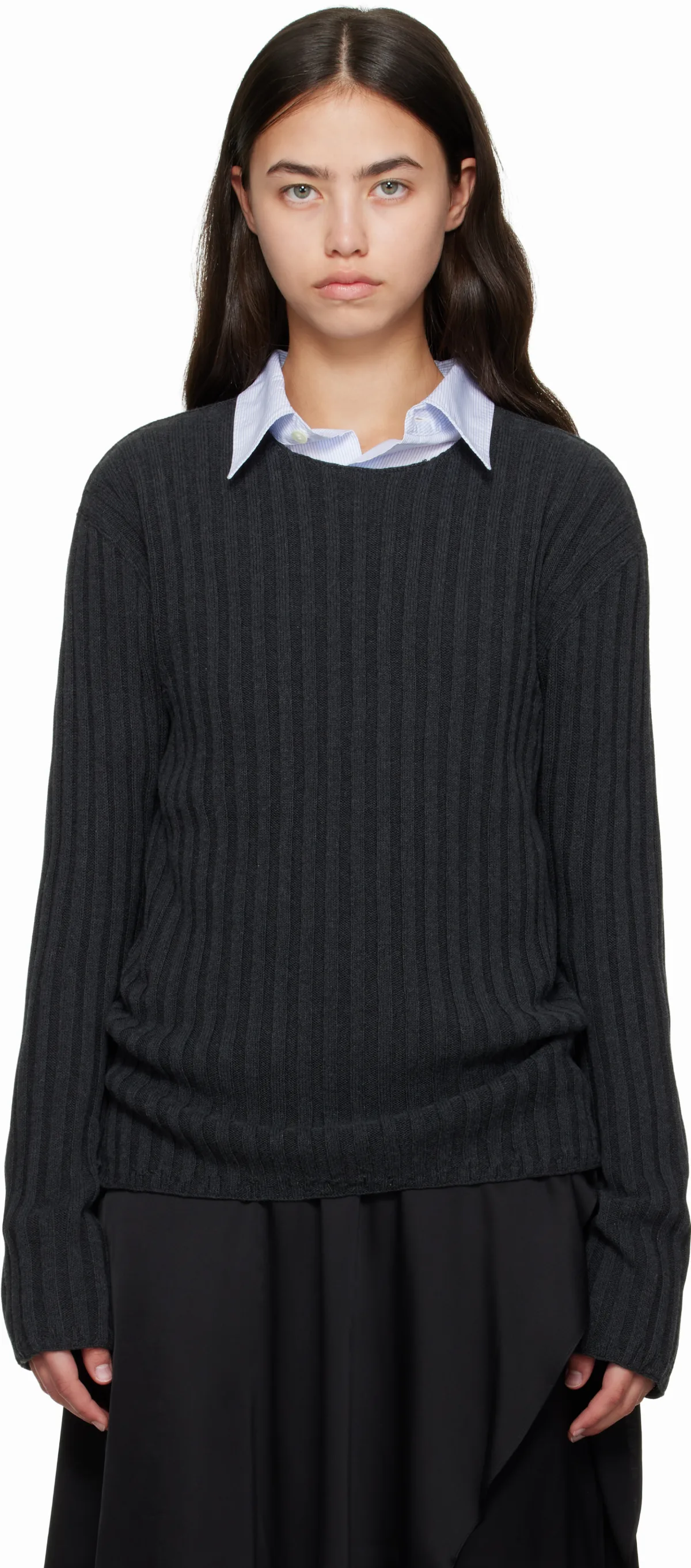 Gray Ribbed Crewneck Knit Sweater