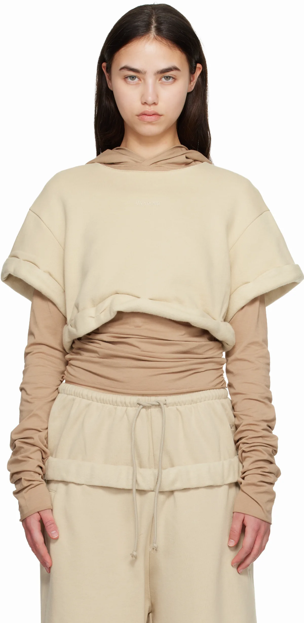 Beige Layered Roll-Up Hoodie