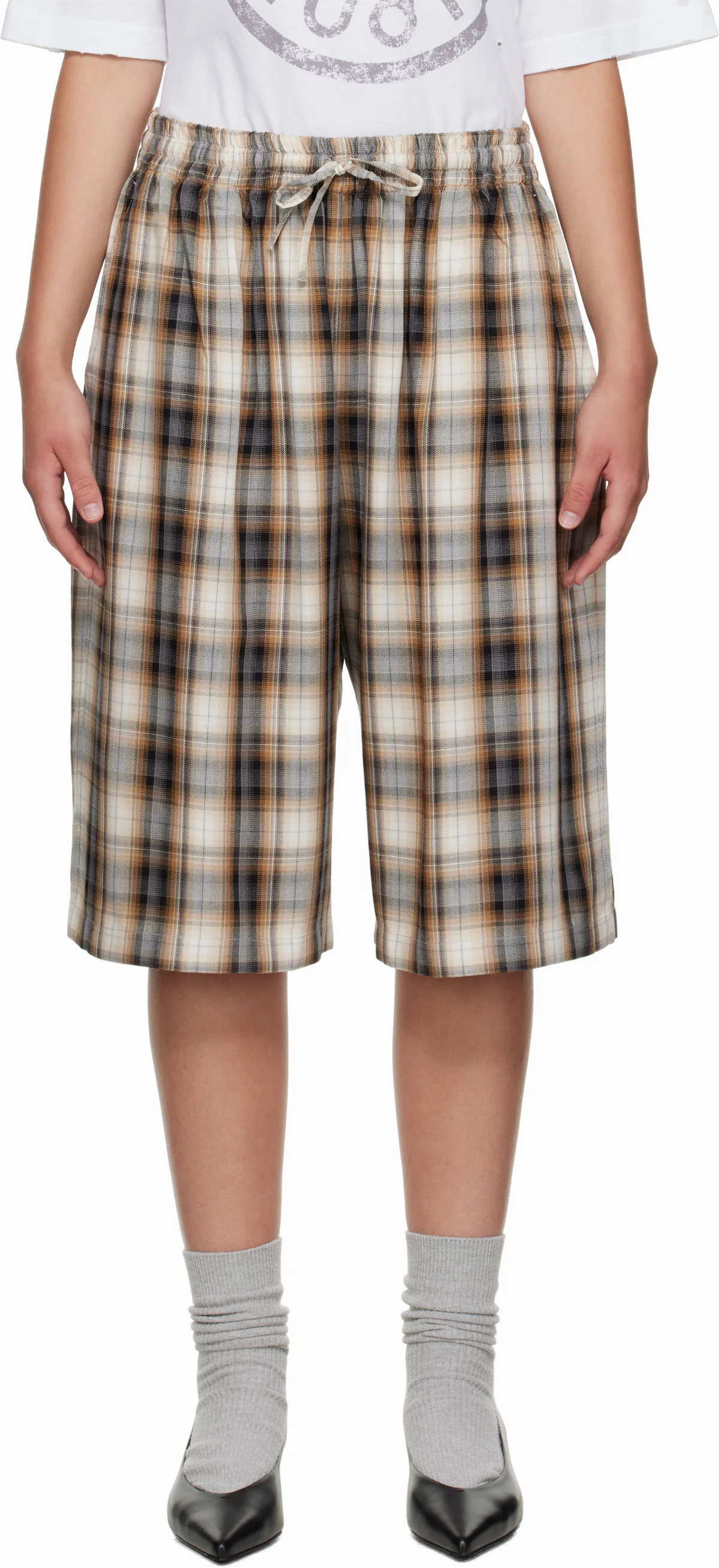 Beige & Black Check Shorts