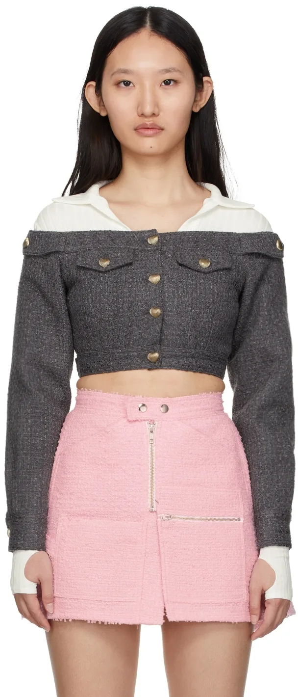 Grey Cropped Off Shoulder Jacket