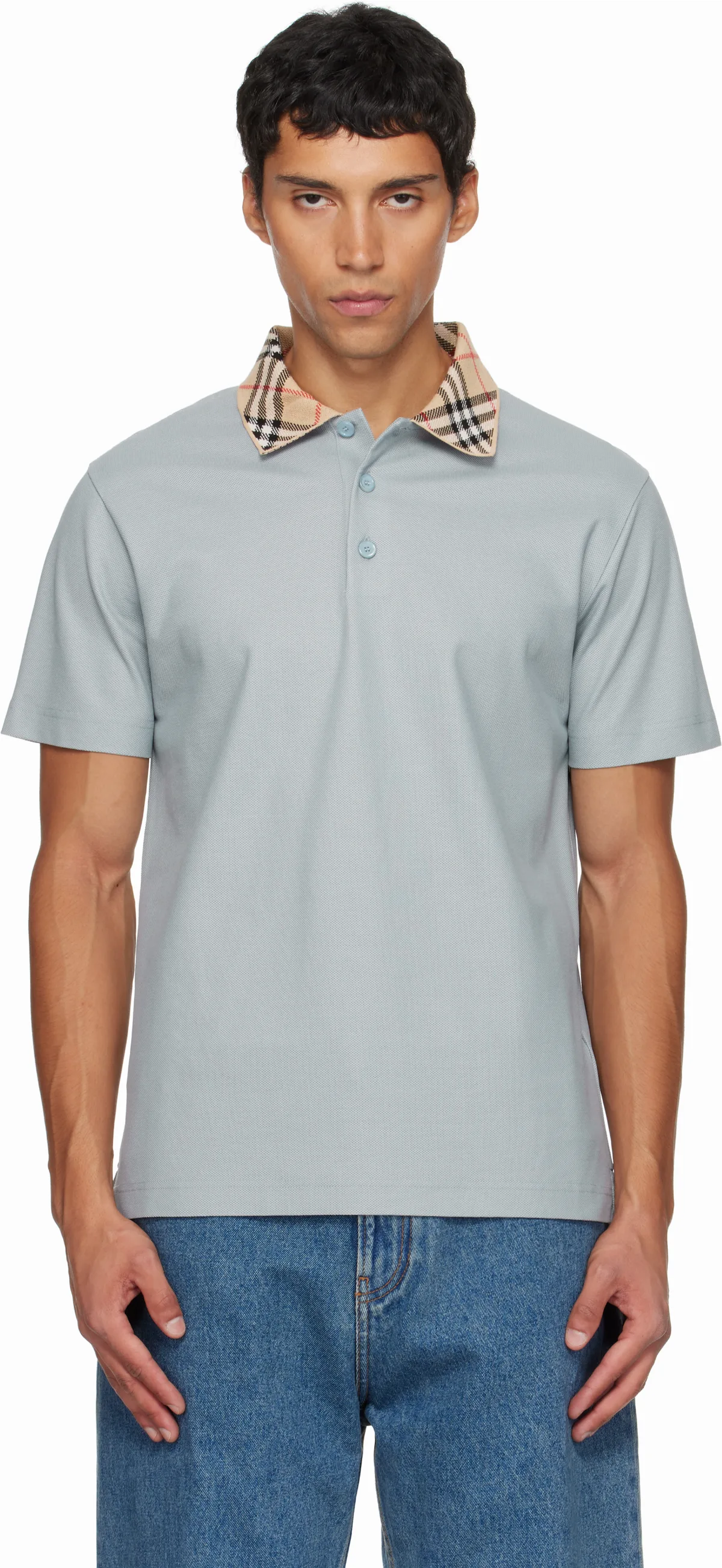Blue Check Collar Cotton Polo
