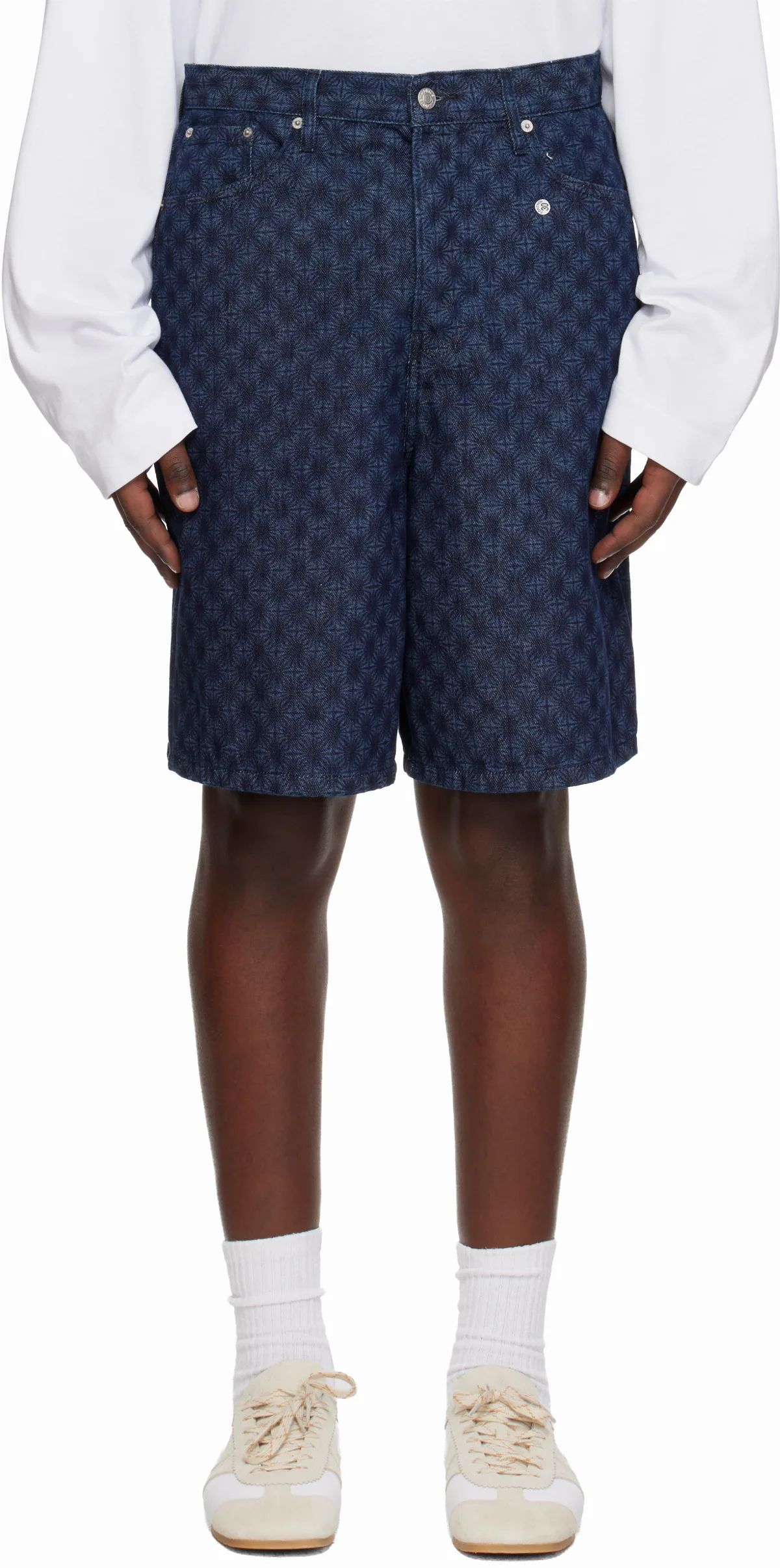 Navy Printed Denim Shorts by Dries Van Noten