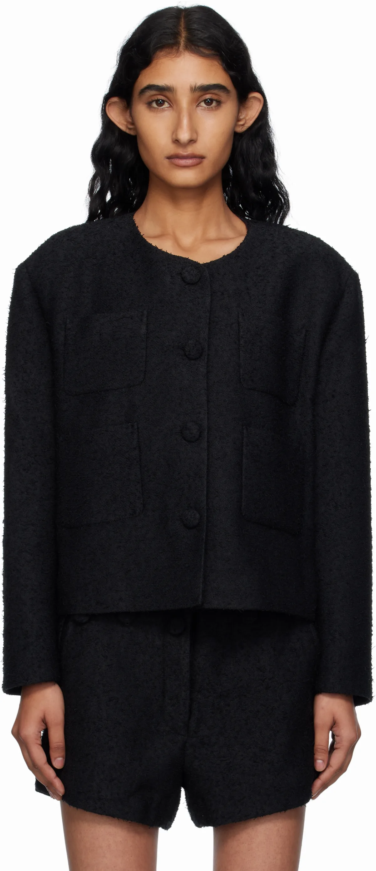 Black Collarless Tweed Jacket
