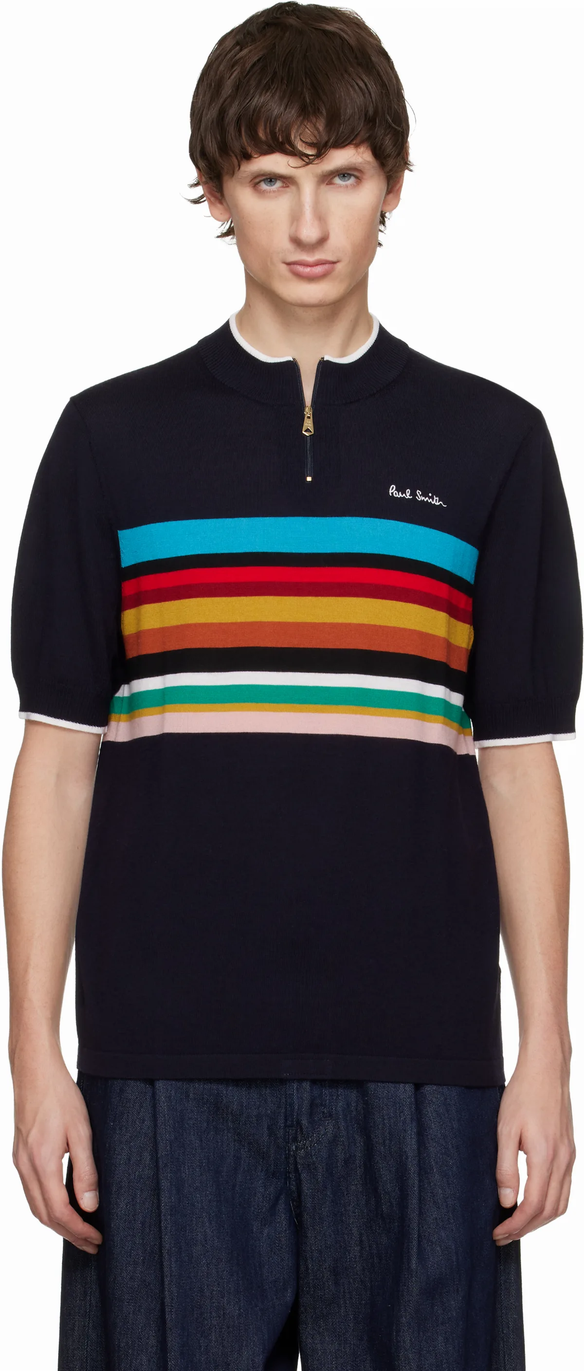 Navy'Signature Stripe' Merino Wool Cycle T-shirt by Paul Smith