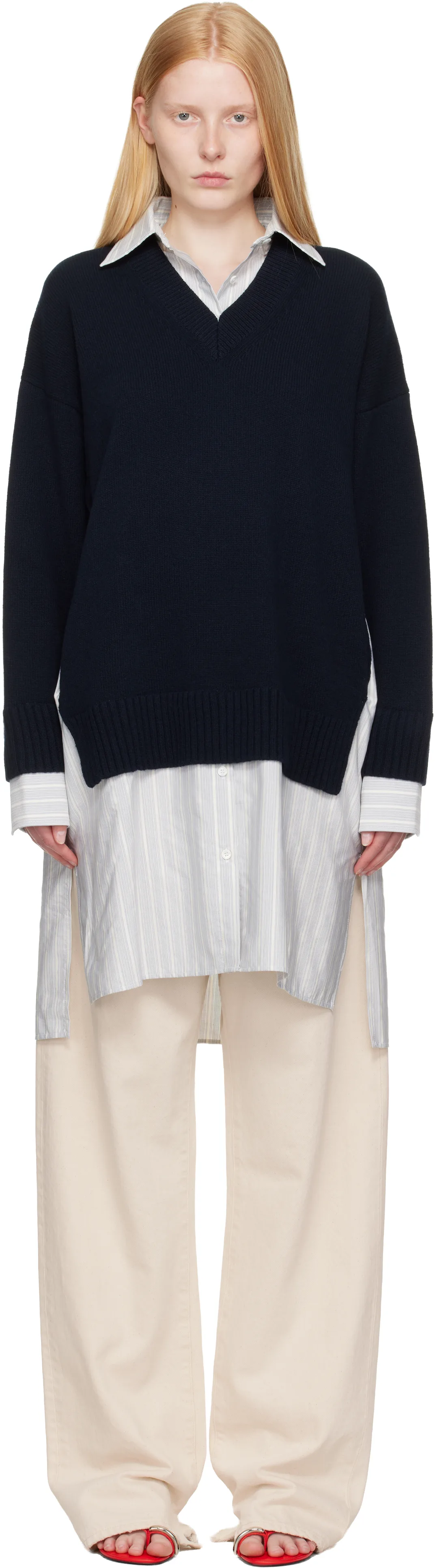 Navy Crewneck Jumper Shirt Midi Dress
