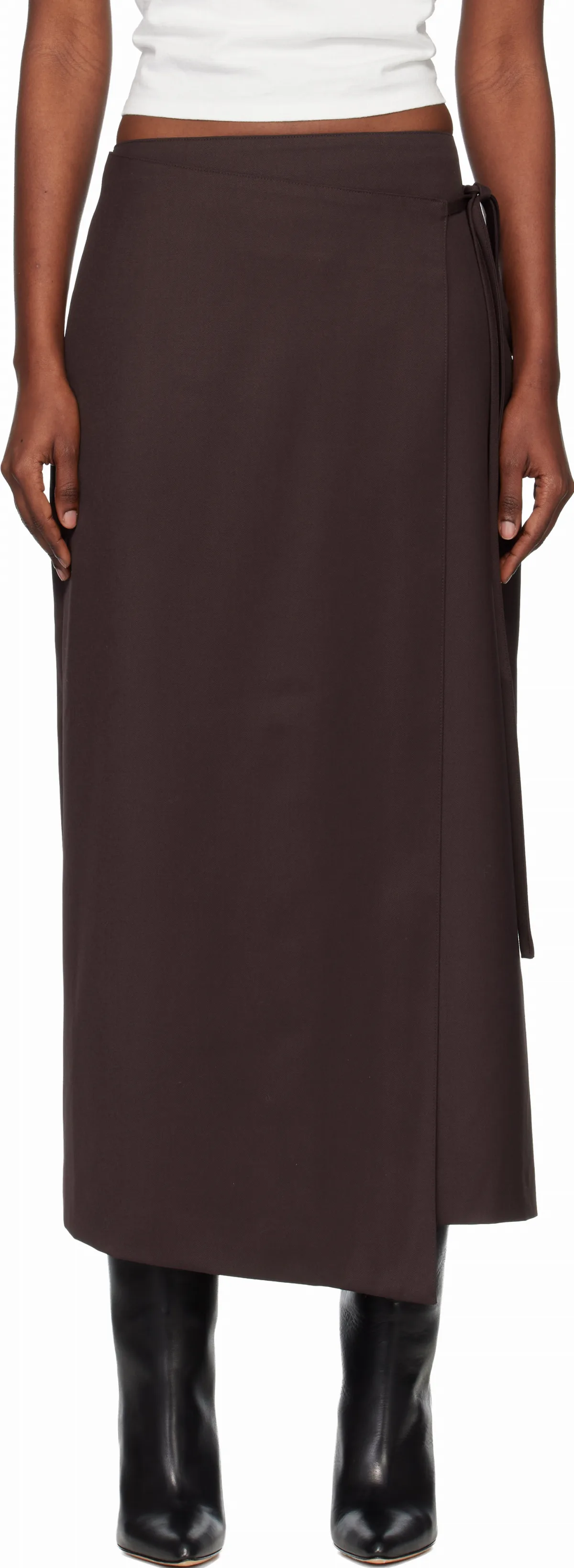 Brown Wool Wrap Midi Skirt