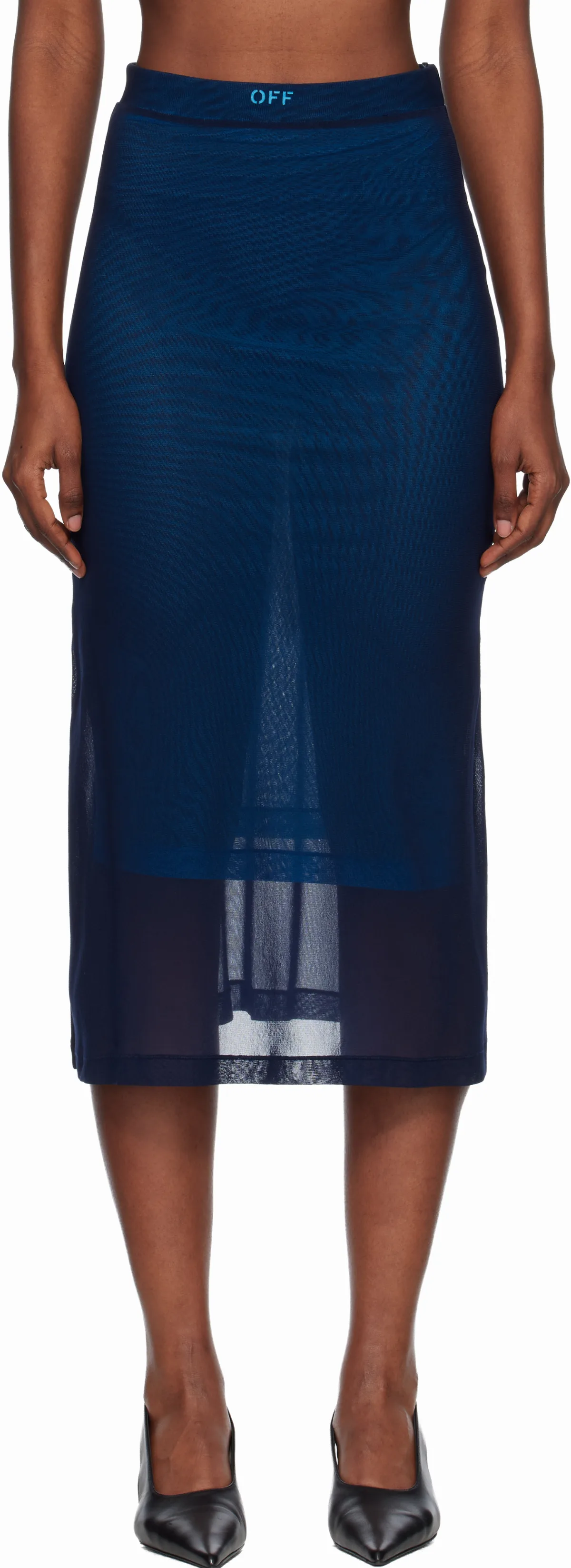 Navy Mesh Double Layer Midi Skirt