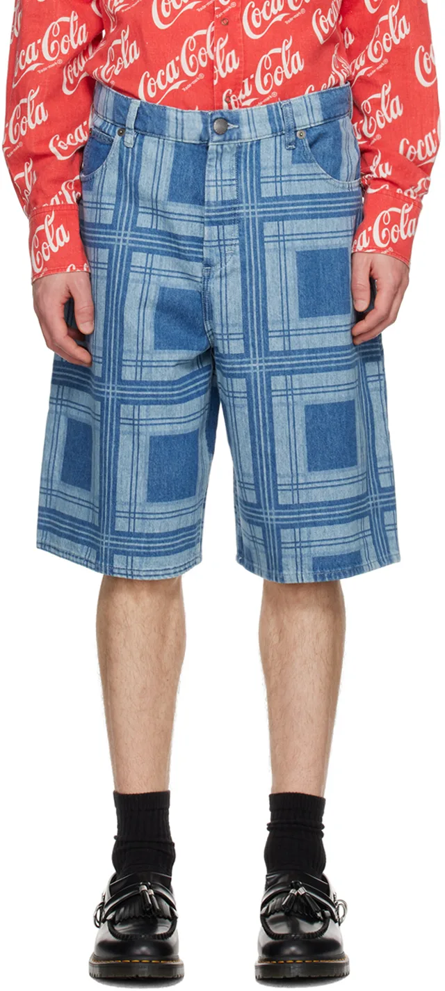 Blue Check Denim Shorts