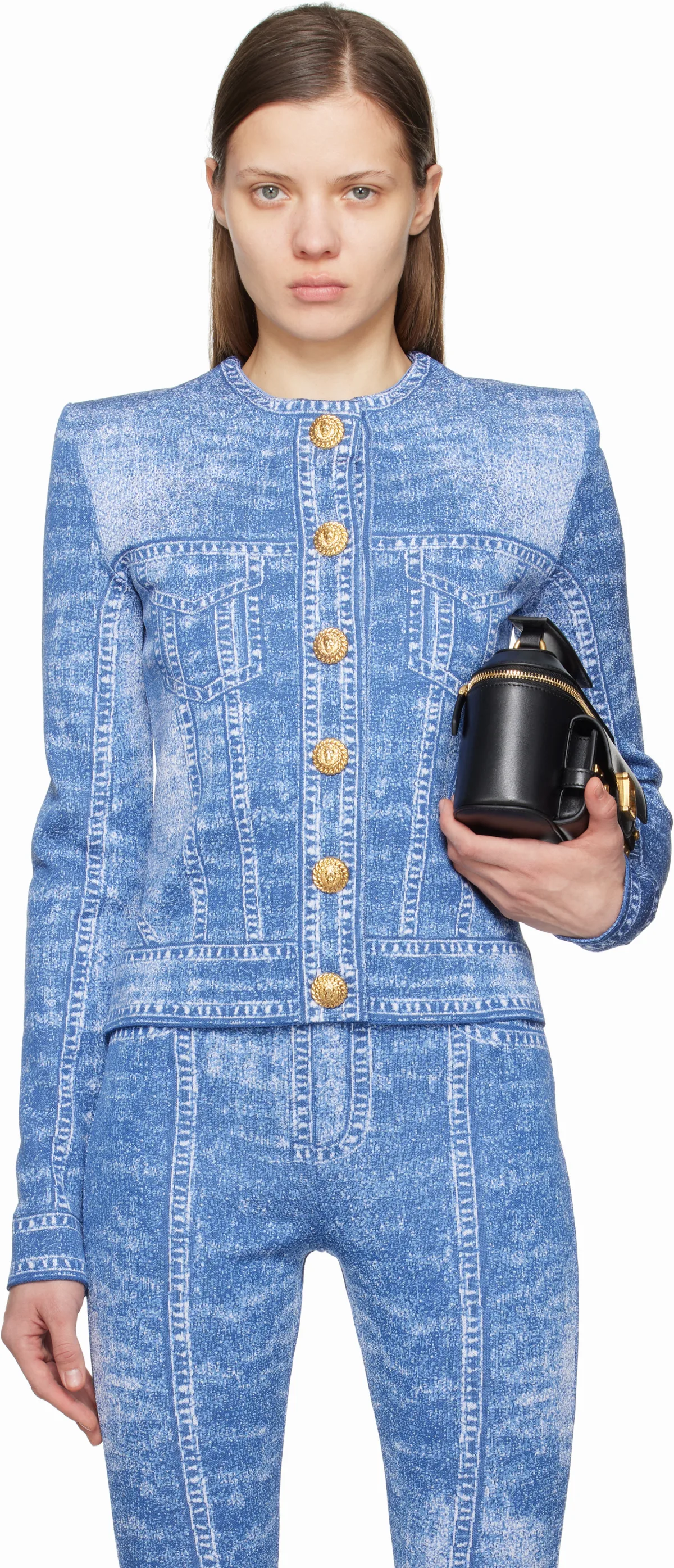 Blue Jacquard Denim Effect Knit Cardigan by BALMAIN