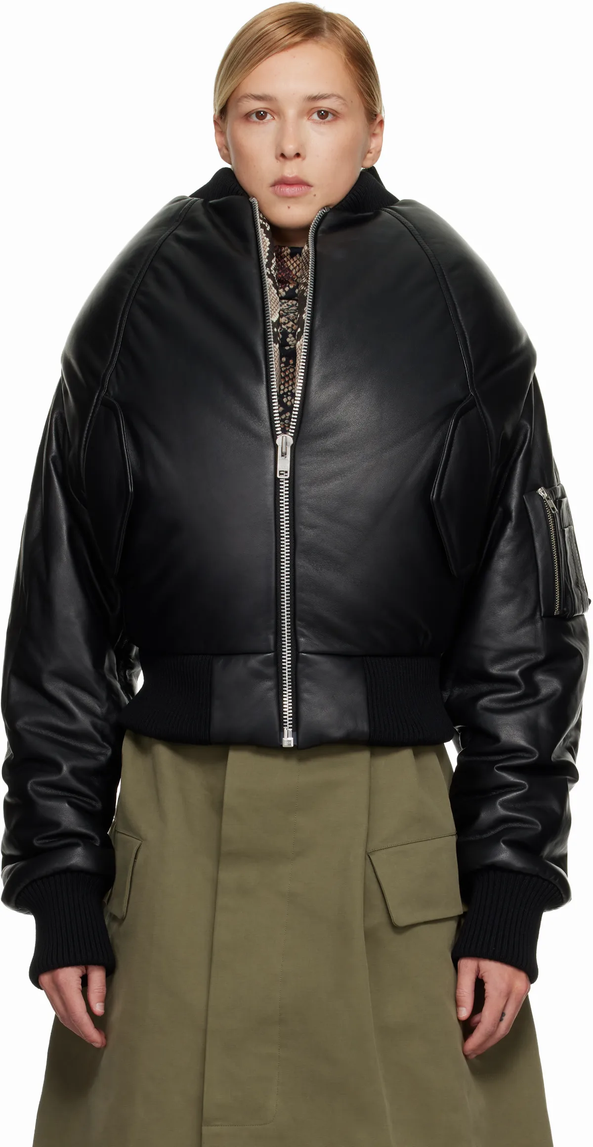 Black'Over The Shoulders' Leather Bomber Jacket