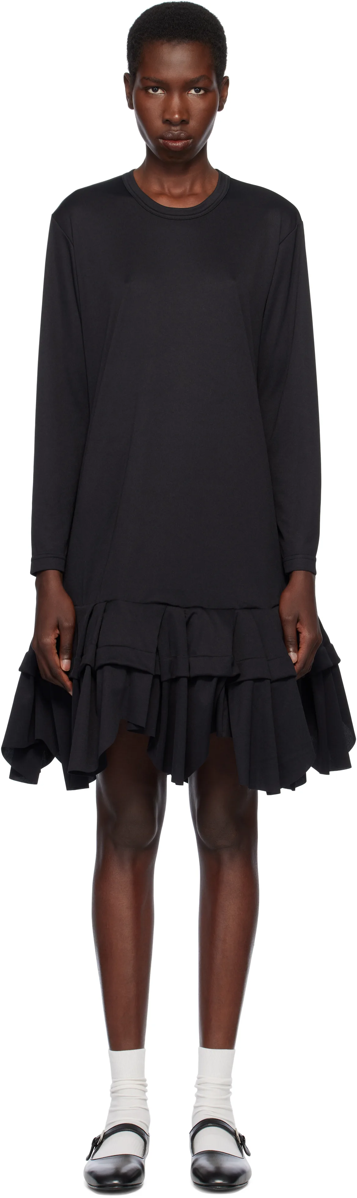 Black Polyester Smooth & Nylon Hard Tulle Midi Dress