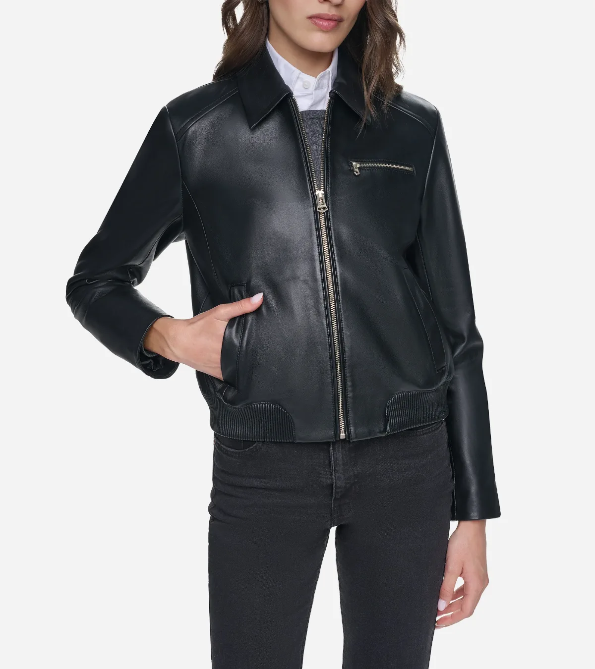 Smooth Leather Bomber Jacket with Chest Pocket by Cole Haan
