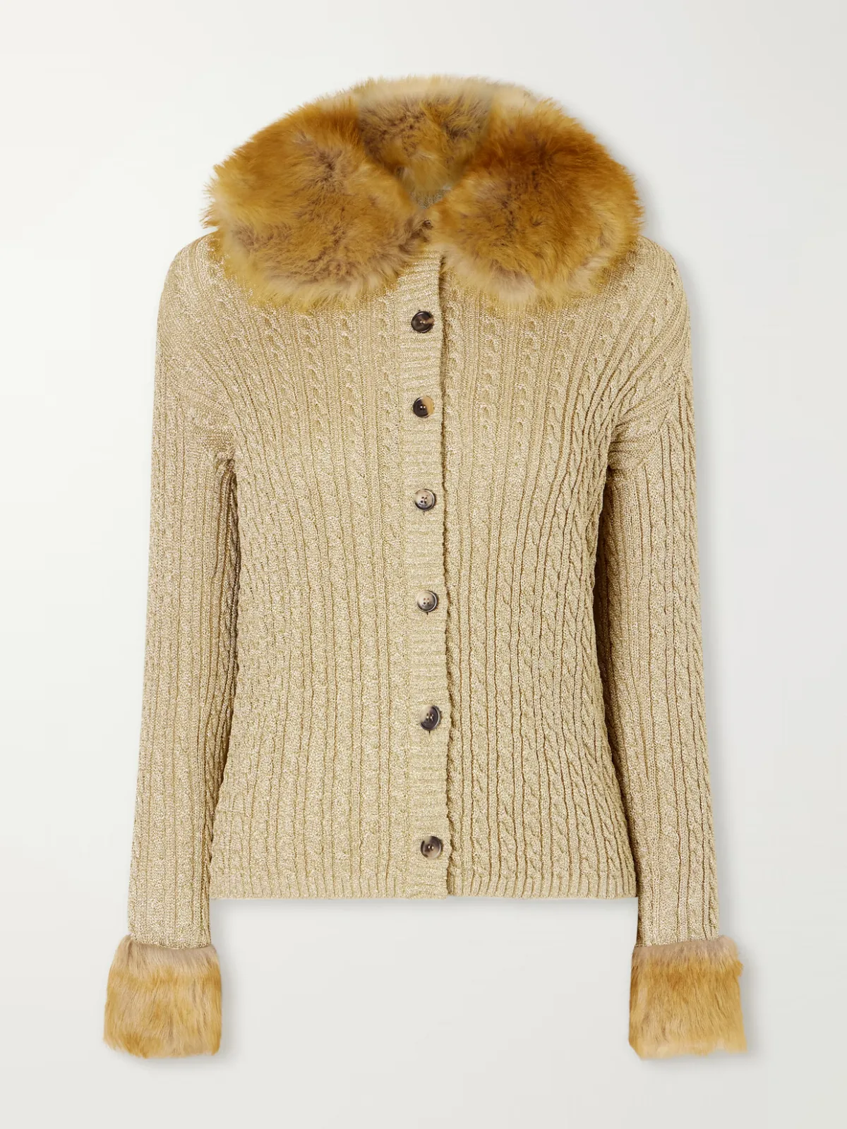 Cable-Knit Shearling-Trimmed Lurex Cardigan by SAINT LAURENT