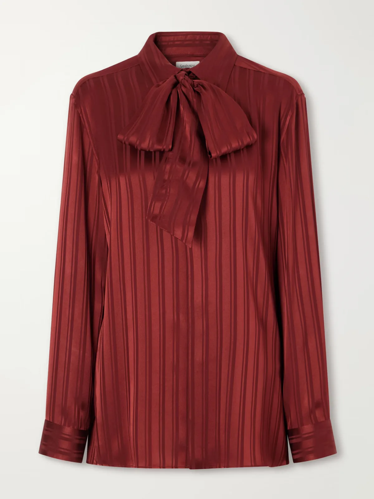 Pussy-Bow Striped Silk-Satin Blouse