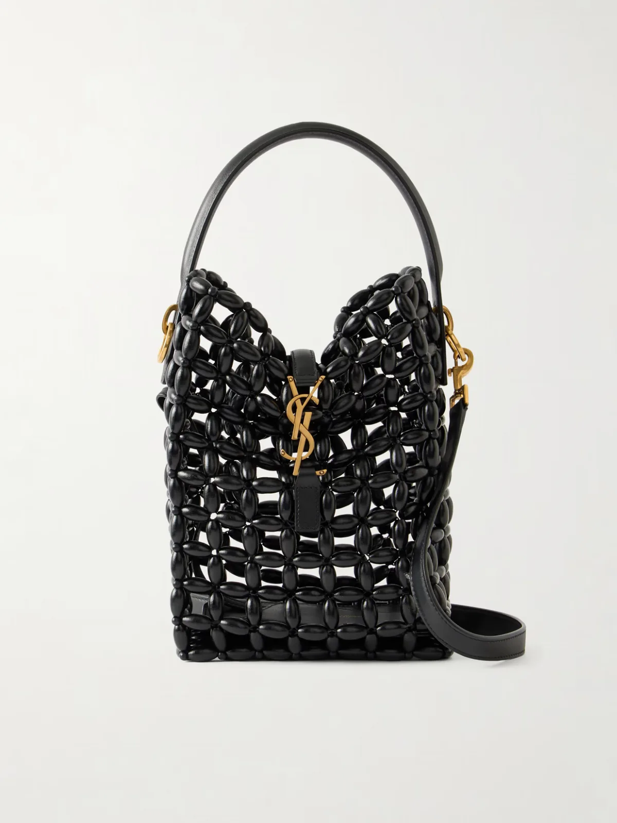 Le 37 Mini Leather-Trimmed Beaded Wood Shoulder Bag by SAINT LAURENT