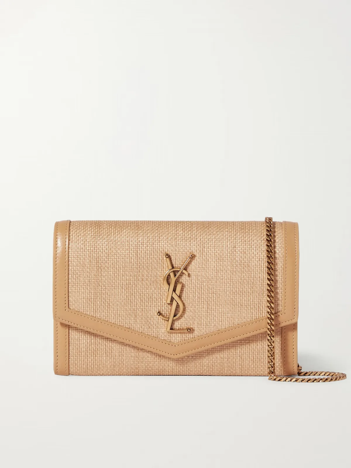Uptown Micro Leather-Trimmed Raffia Shoulder Bag by SAINT LAURENT