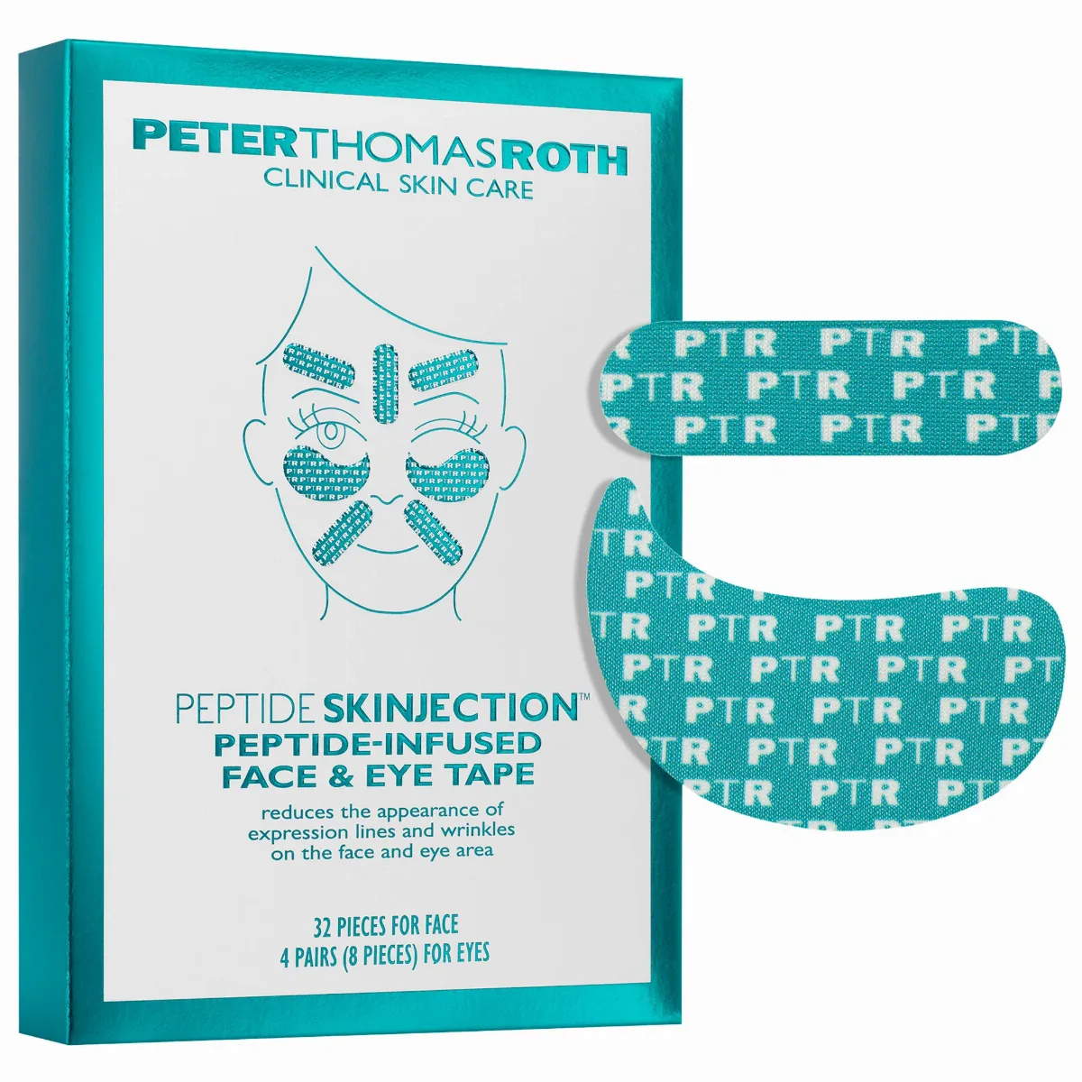 Peptide Skinjection Peptide-Infused Face & Eye Tape for Wrinkles and Aging Skin 32 Pieces for face/4 Pairs / 8 Pieces for Eyes by Peter Thomas Roth