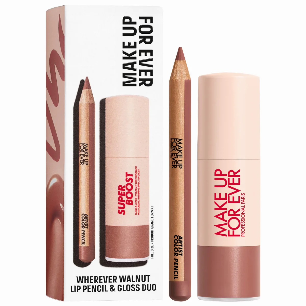 Mini Artist Color Pencil Lip Liner & Full Size Super Boost Lip Gloss Kit Wherever Walnut 0.02 oz/0.7 G Mini Artist Color Pencil + 0.3 oz/9 mL Full Size Super Boost Lip Gloss by MAKE UP FOR EVER