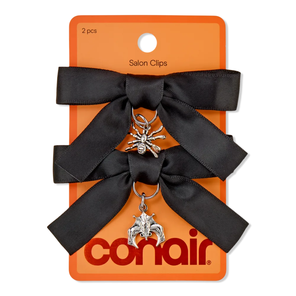 Halloween Black Satin Bow Salon Clips with Silver Charms by Conair Accessories