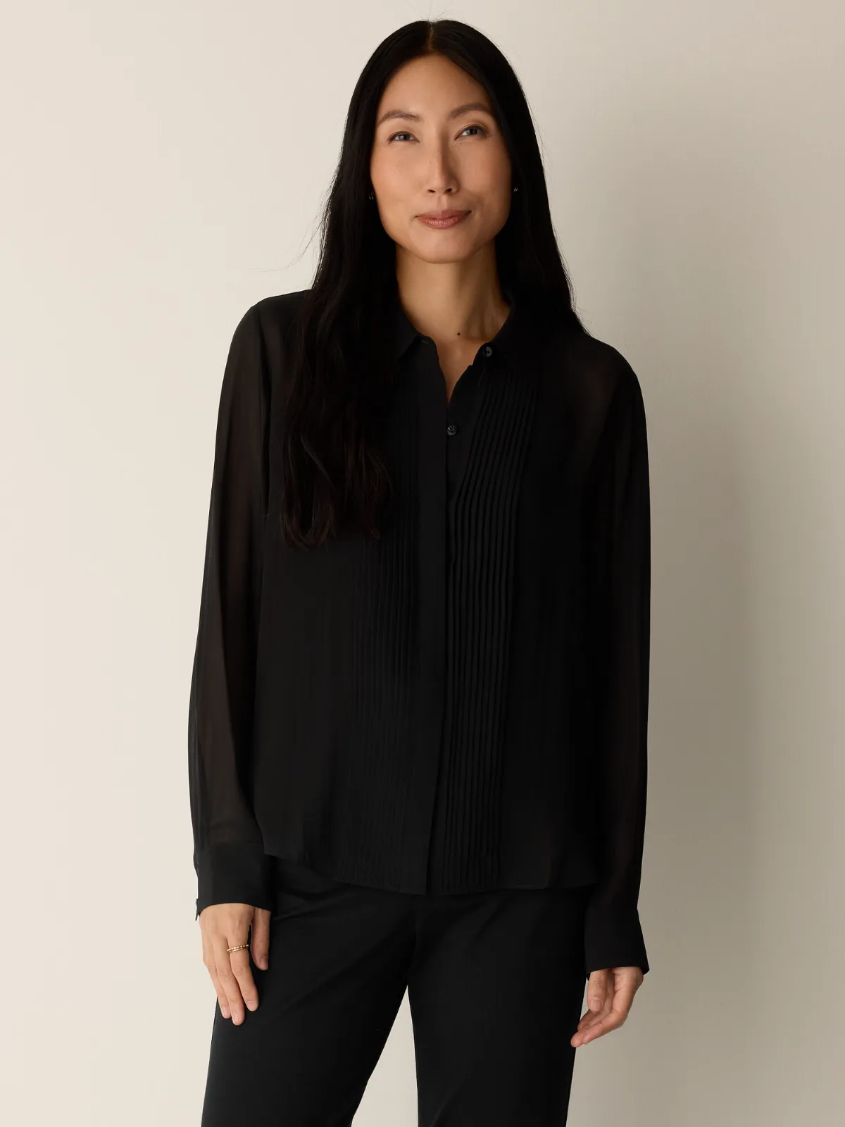 Sheer Silk Georgette Classic Collar Pintuck Shirt by EILEEN FISHER