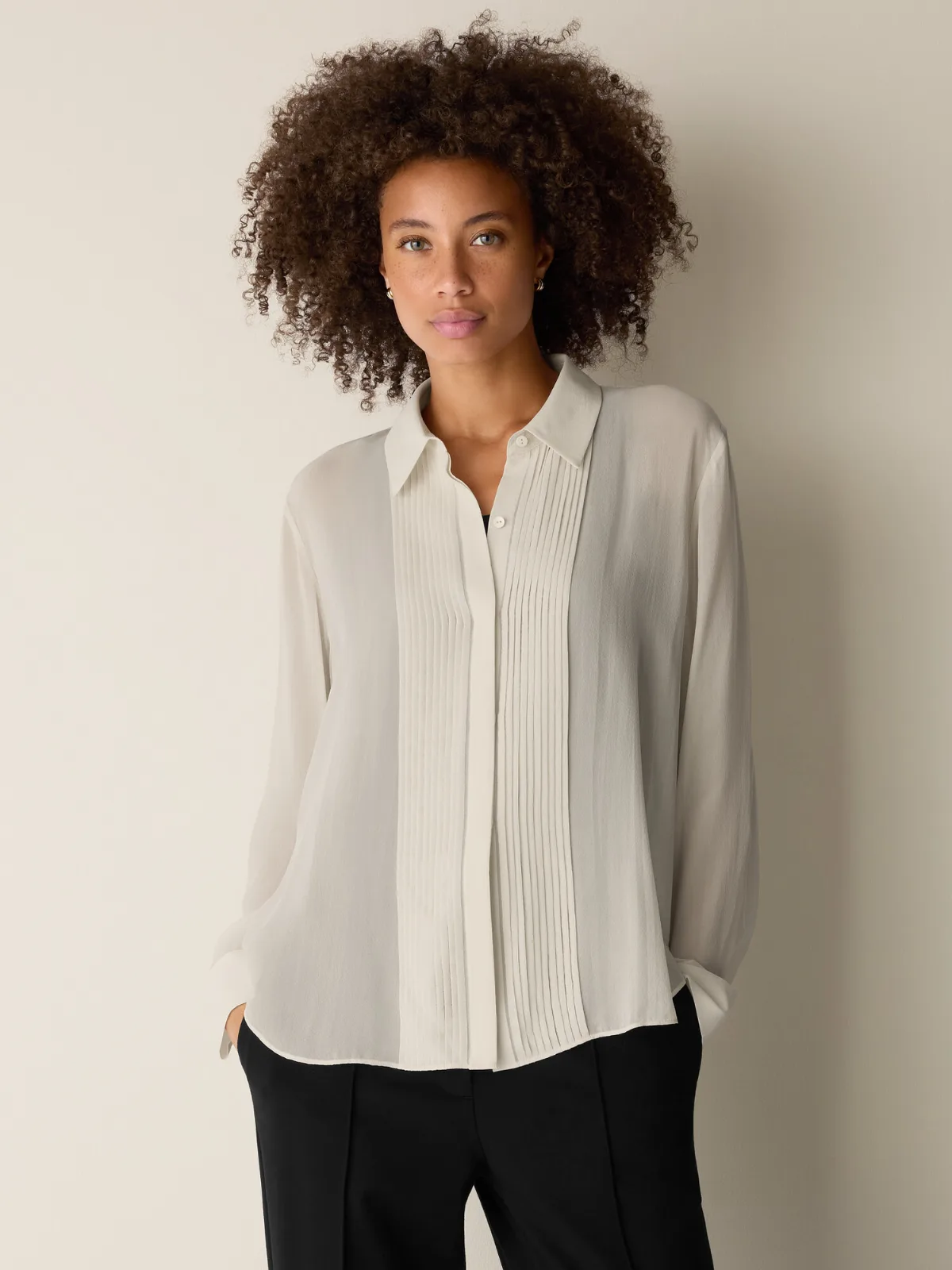 Sheer Silk Georgette Classic Collar Pintuck Shirt