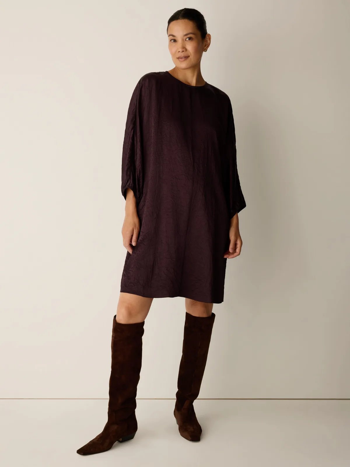 Textured Satin Round Neck Dolman-Sleeve Dress by EILEEN FISHER
