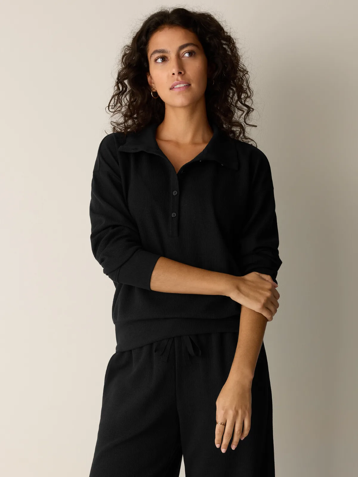 Waffle Cotton Blend Doubleknit High Collar Henley Top by EILEEN FISHER