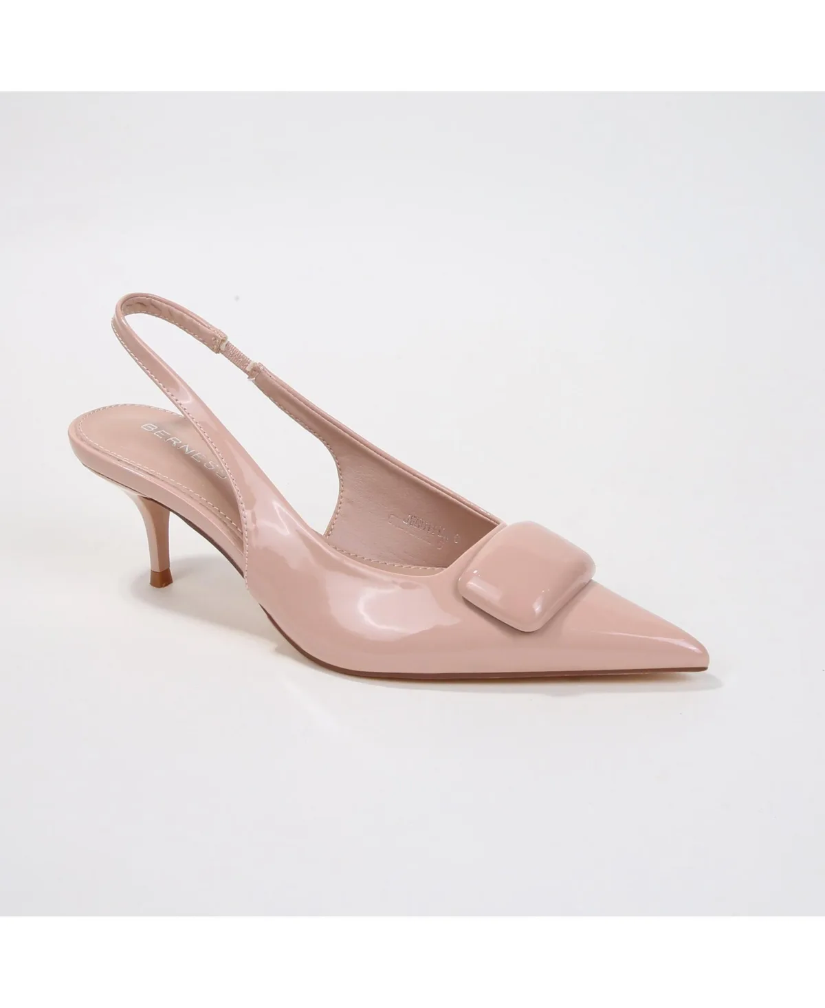 Jennifer Patent Slingback Kitten Heels with Geometric Embellishment by Berness